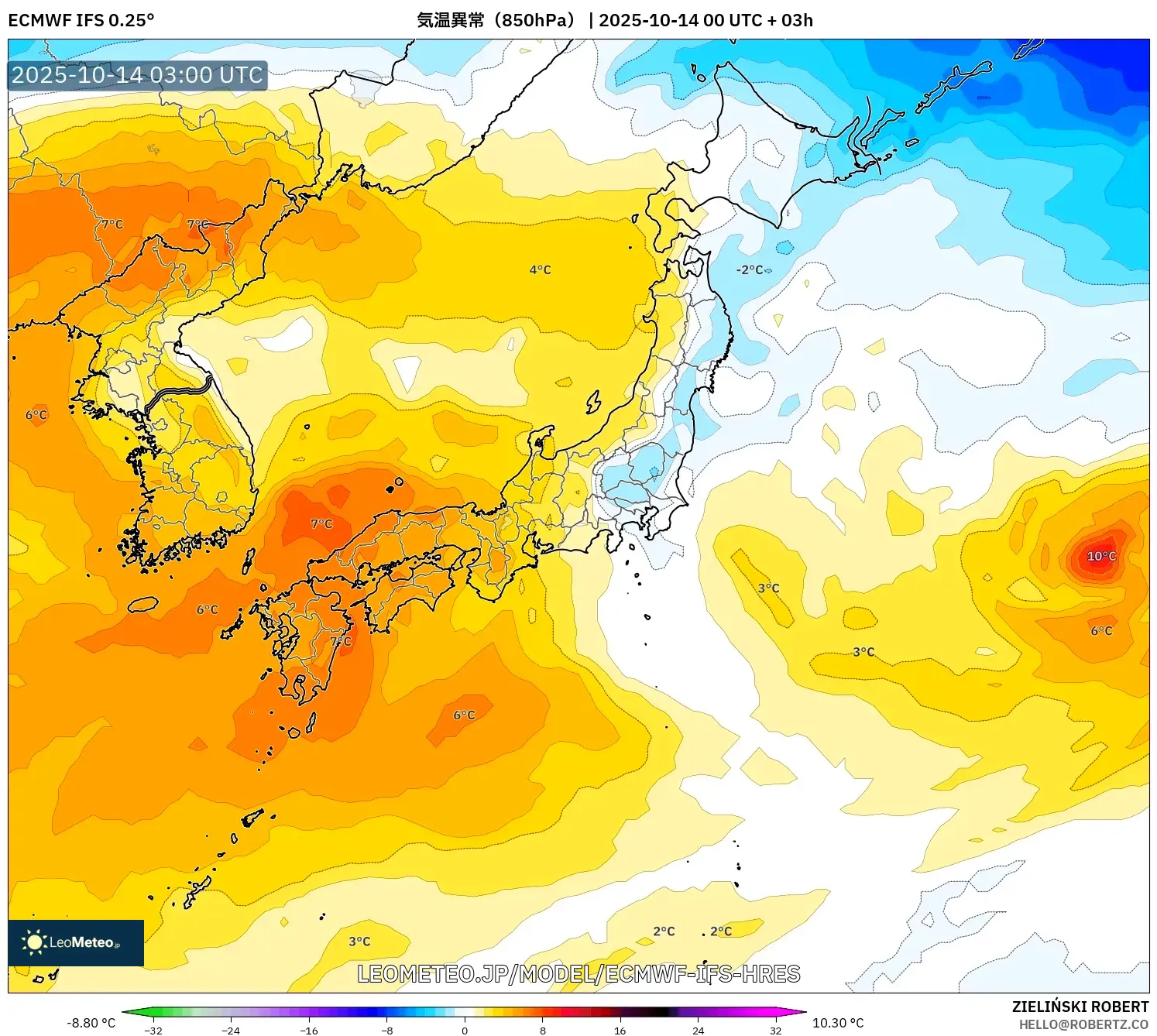 ECMWF IFS 0.25° model - 日本, 気温異常(850hPa) ECMWF IFS 0.25° model - 日本, 気温異常(850hPa)
