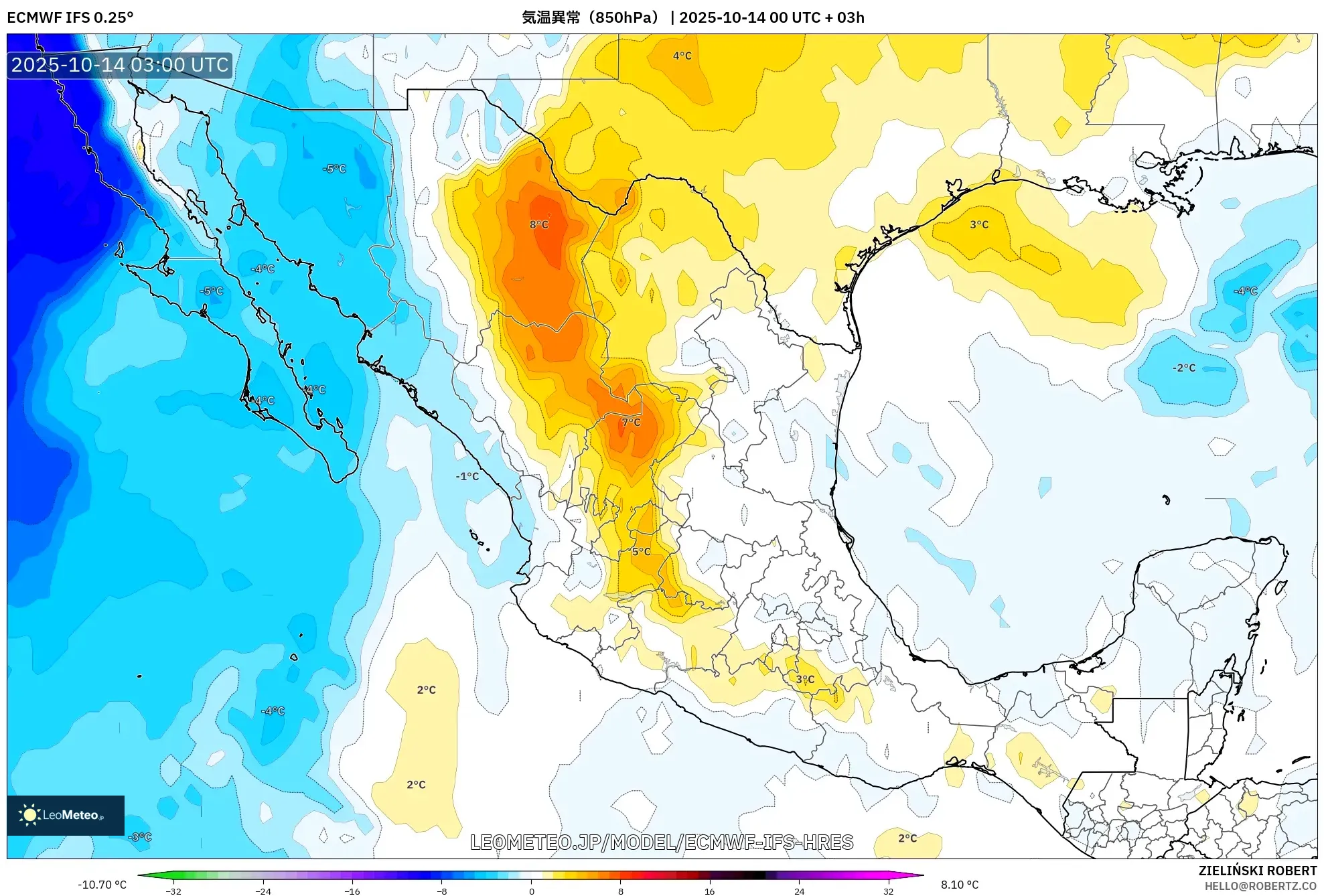 ECMWF IFS 0.25° model - メキシコ, 気温異常(850hPa) ECMWF IFS 0.25° model - メキシコ, 気温異常(850hPa)