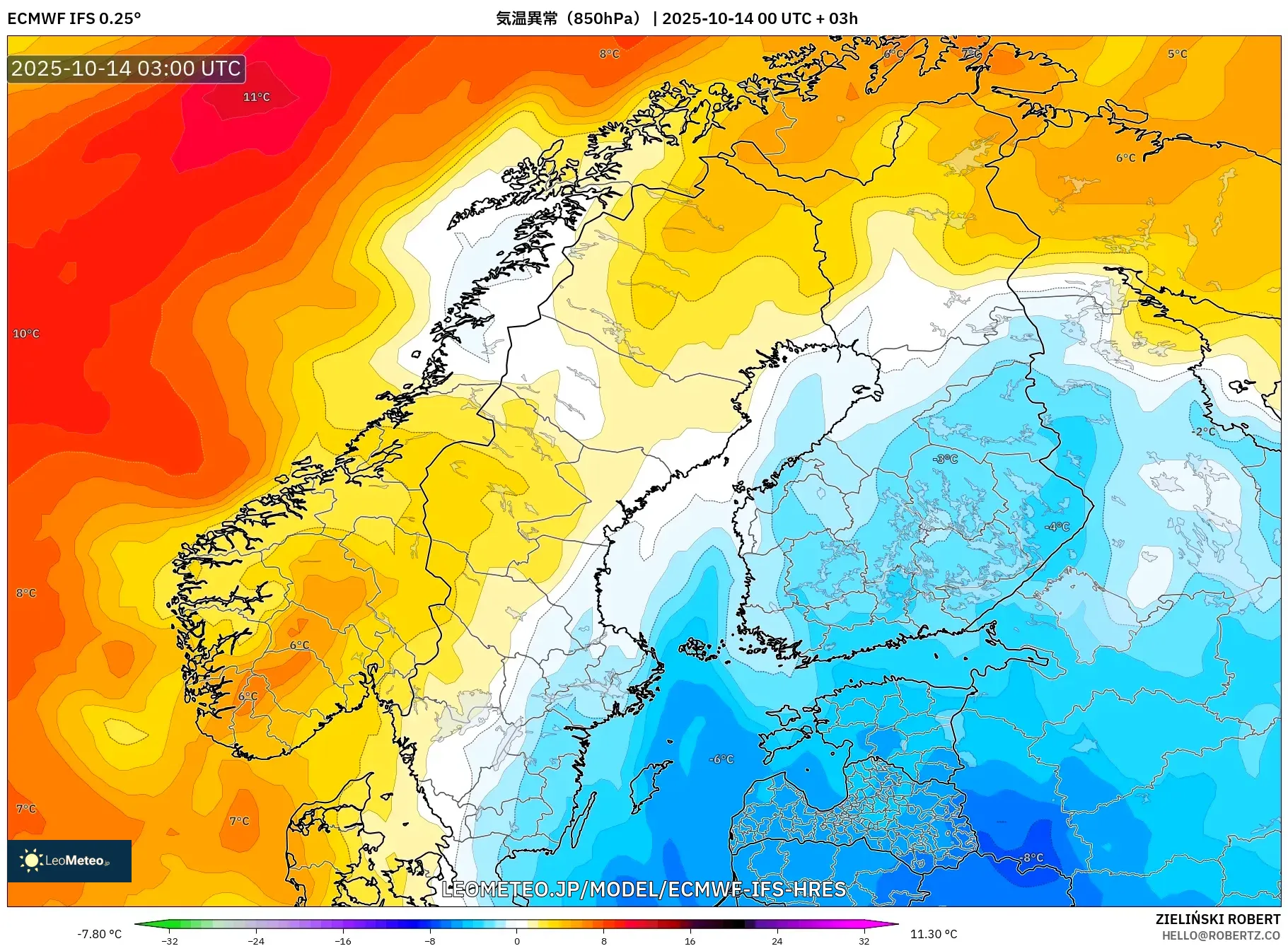 ECMWF IFS 0.25° model - スカンジナビア, 気温異常(850hPa) ECMWF IFS 0.25° model - スカンジナビア, 気温異常(850hPa)