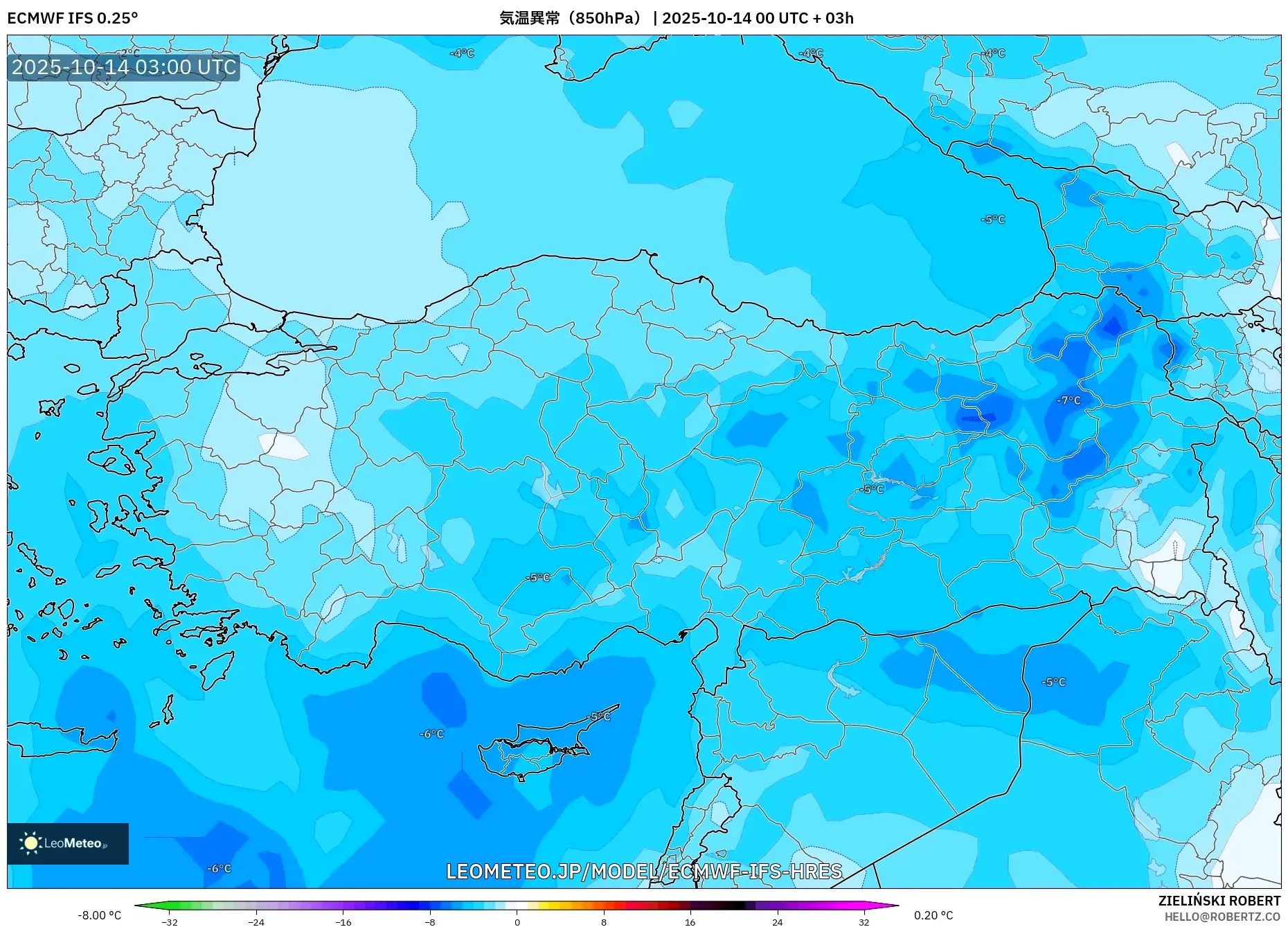 ECMWF IFS 0.25° model - トルコ, 気温異常(850hPa) ECMWF IFS 0.25° model - トルコ, 気温異常(850hPa)