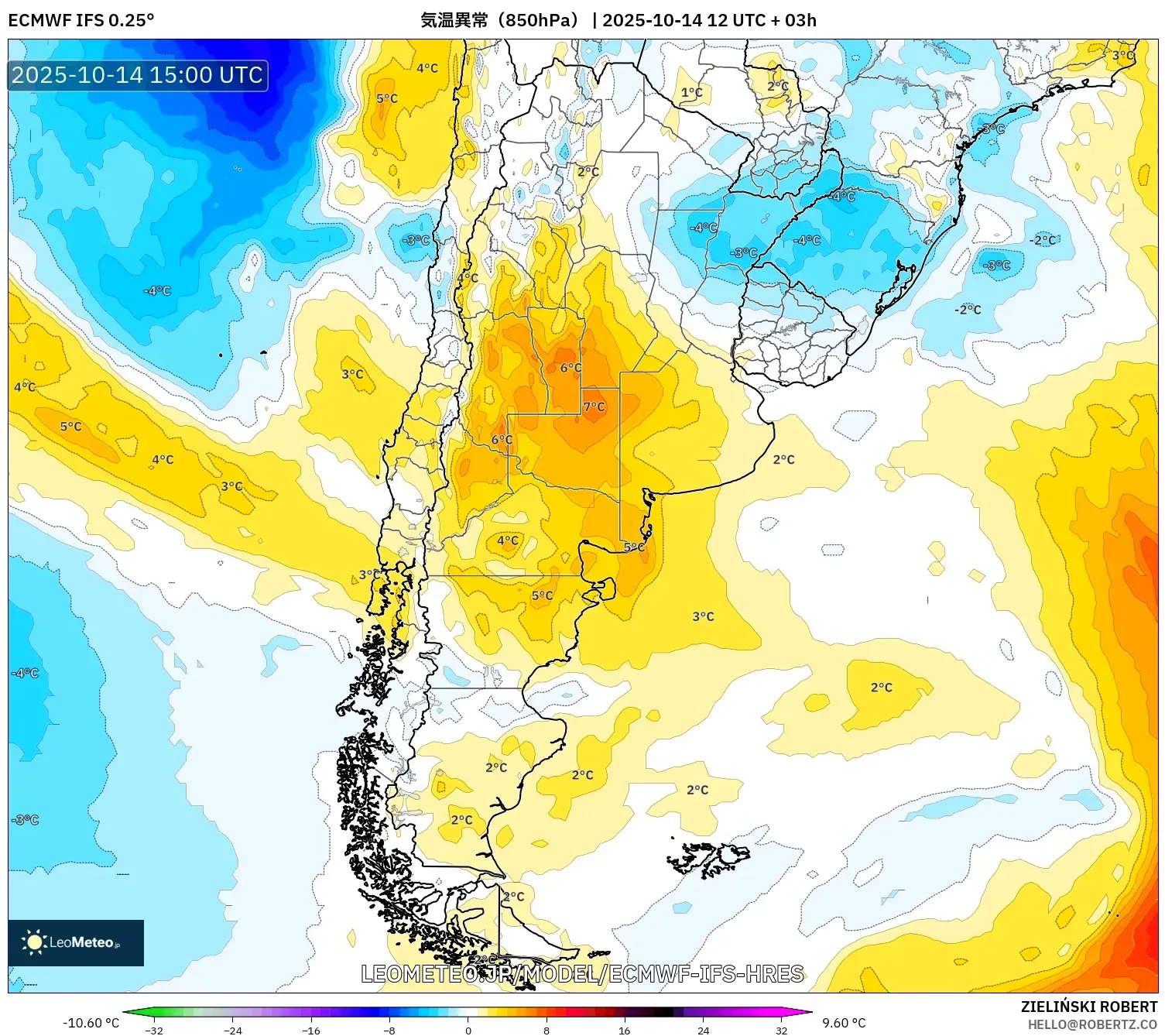 ECMWF IFS 0.25° model - アルゼンチン, 気温異常(850hPa) ECMWF IFS 0.25° model - アルゼンチン, 気温異常(850hPa)