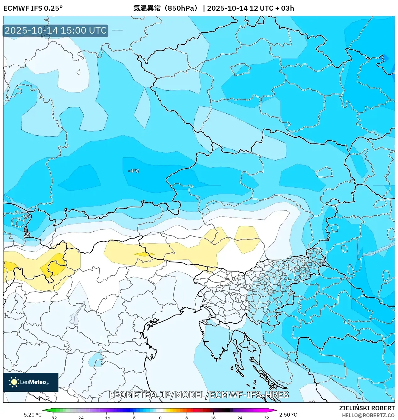ECMWF IFS 0.25° model - オーストリア, 気温異常(850hPa) ECMWF IFS 0.25° model - オーストリア, 気温異常(850hPa)