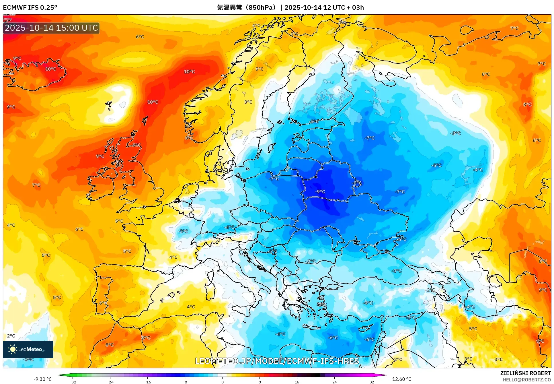 ECMWF IFS 0.25° model - ヨーロッパ, 気温異常(850hPa) ECMWF IFS 0.25° model - ヨーロッパ, 気温異常(850hPa)