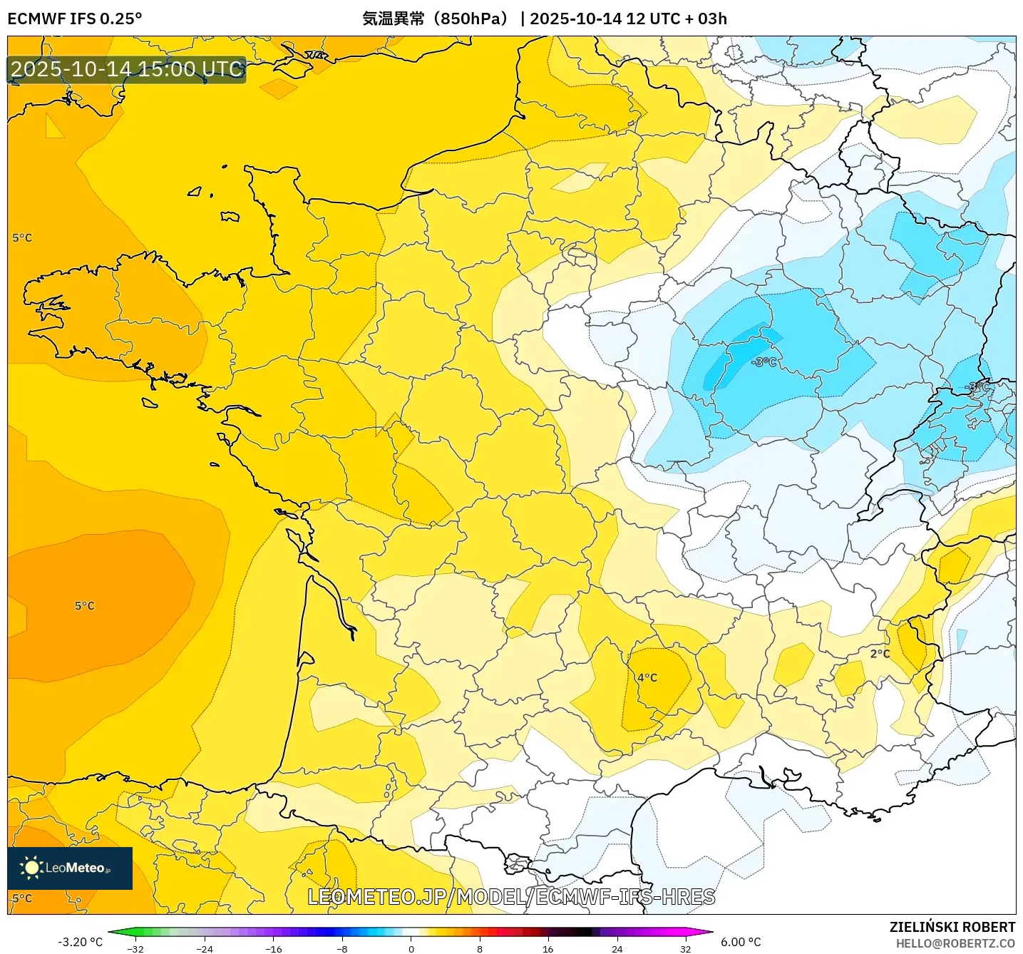 ECMWF IFS 0.25° model - フランス, 気温異常(850hPa) ECMWF IFS 0.25° model - フランス, 気温異常(850hPa)