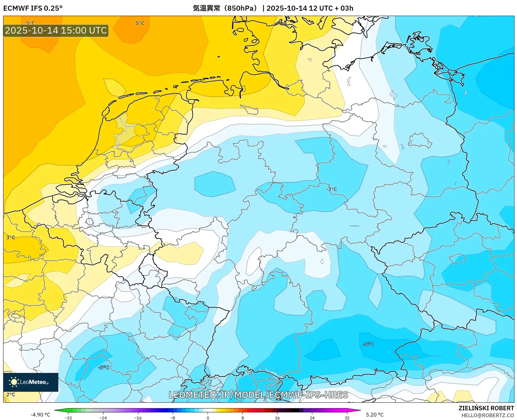 ECMWF IFS 0.25° model - ドイツ, 気温異常(850hPa) ECMWF IFS 0.25° model - ドイツ, 気温異常(850hPa)