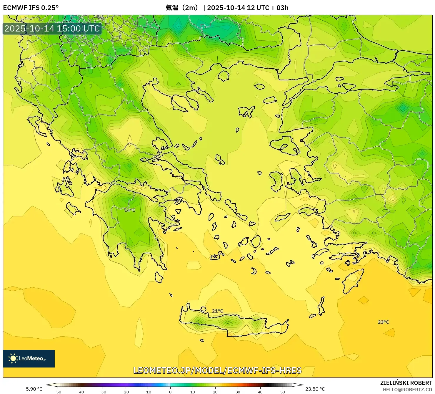 ECMWF IFS 0.25° model - ギリシャ, 気温(2m) ECMWF IFS 0.25° model - ギリシャ, 気温(2m)