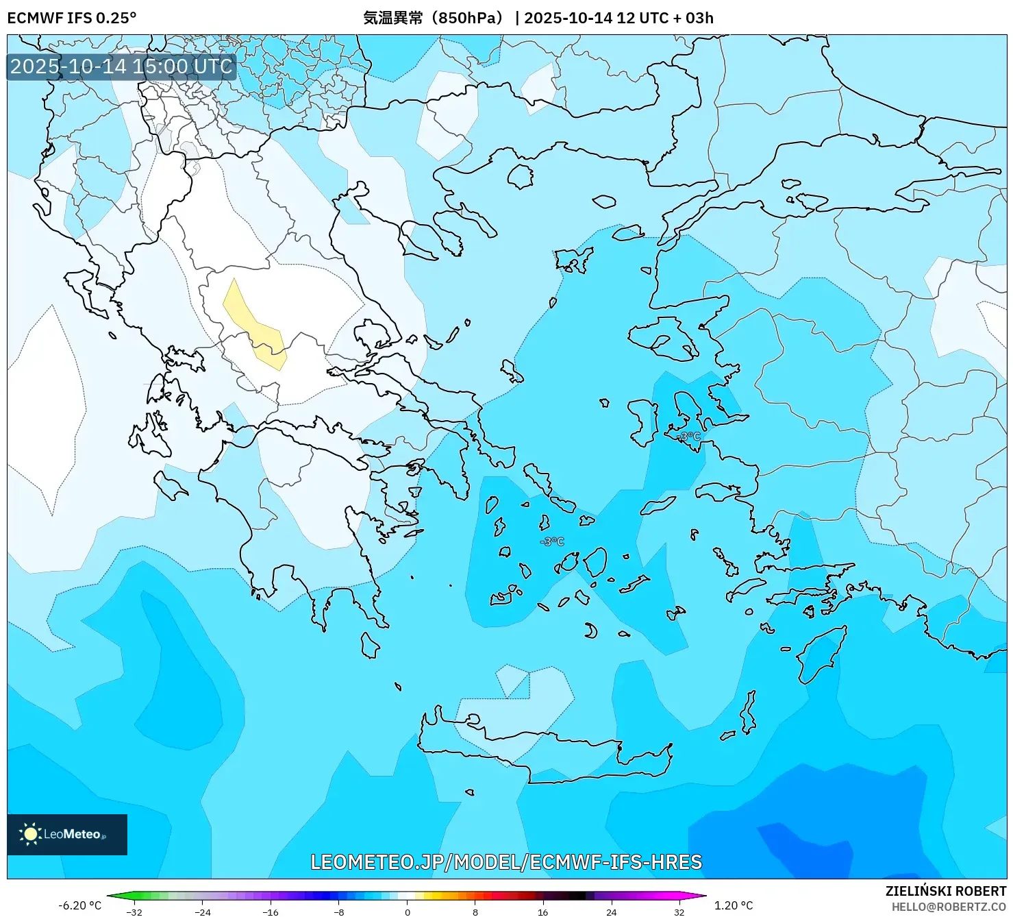 ECMWF IFS 0.25° model - ギリシャ, 気温異常(850hPa) ECMWF IFS 0.25° model - ギリシャ, 気温異常(850hPa)