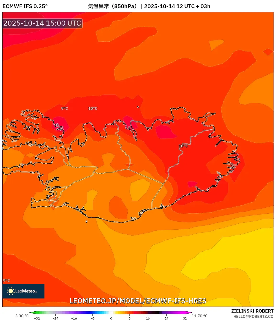 ECMWF IFS 0.25° model - アイスランド, 気温異常(850hPa) ECMWF IFS 0.25° model - アイスランド, 気温異常(850hPa)