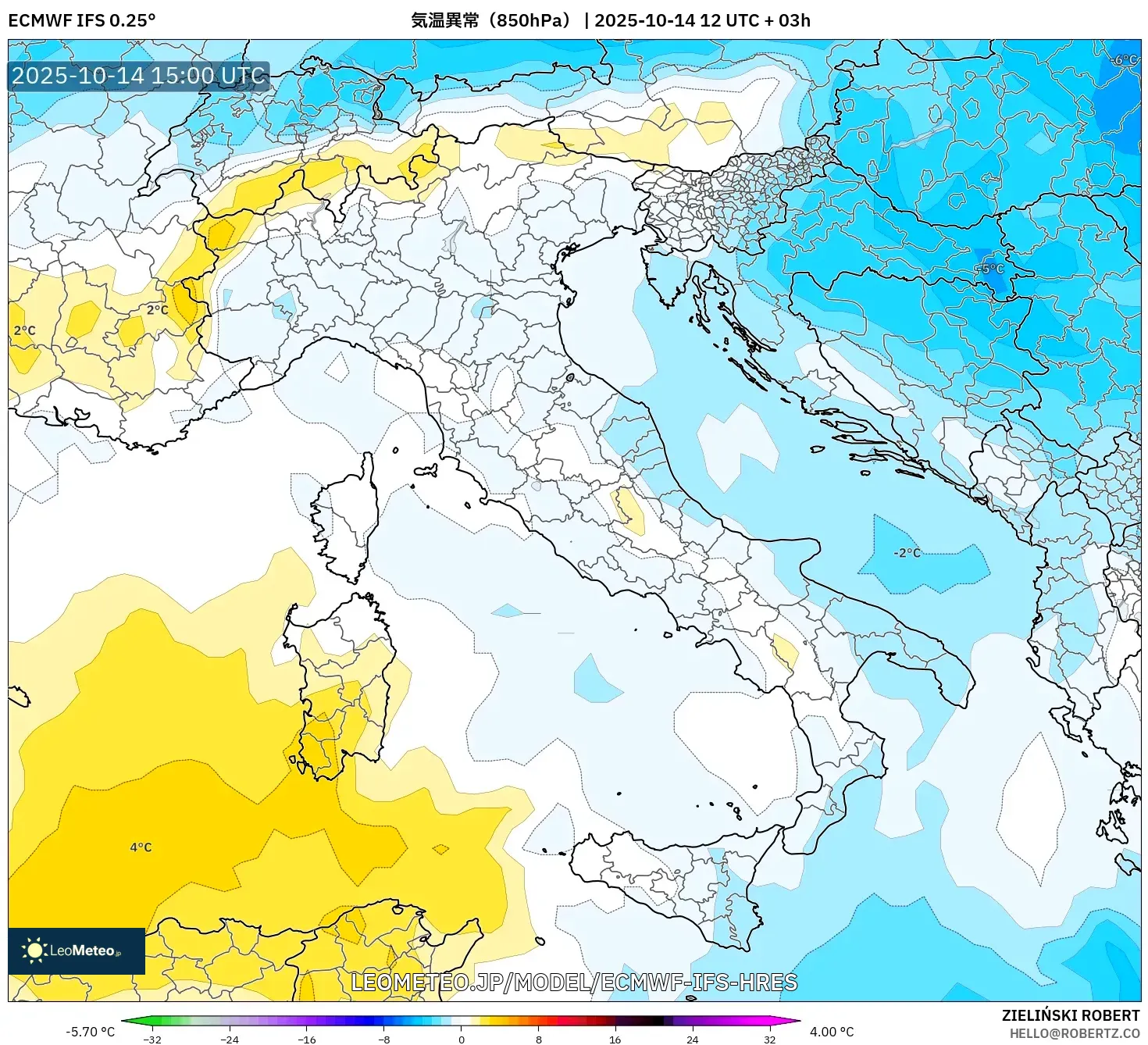 ECMWF IFS 0.25° model - イタリア, 気温異常(850hPa) ECMWF IFS 0.25° model - イタリア, 気温異常(850hPa)