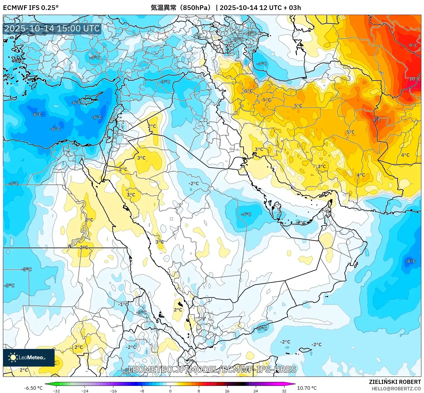 ECMWF IFS 0.25° model - 中東, 気温異常(850hPa) ECMWF IFS 0.25° model - 中東, 気温異常(850hPa)
