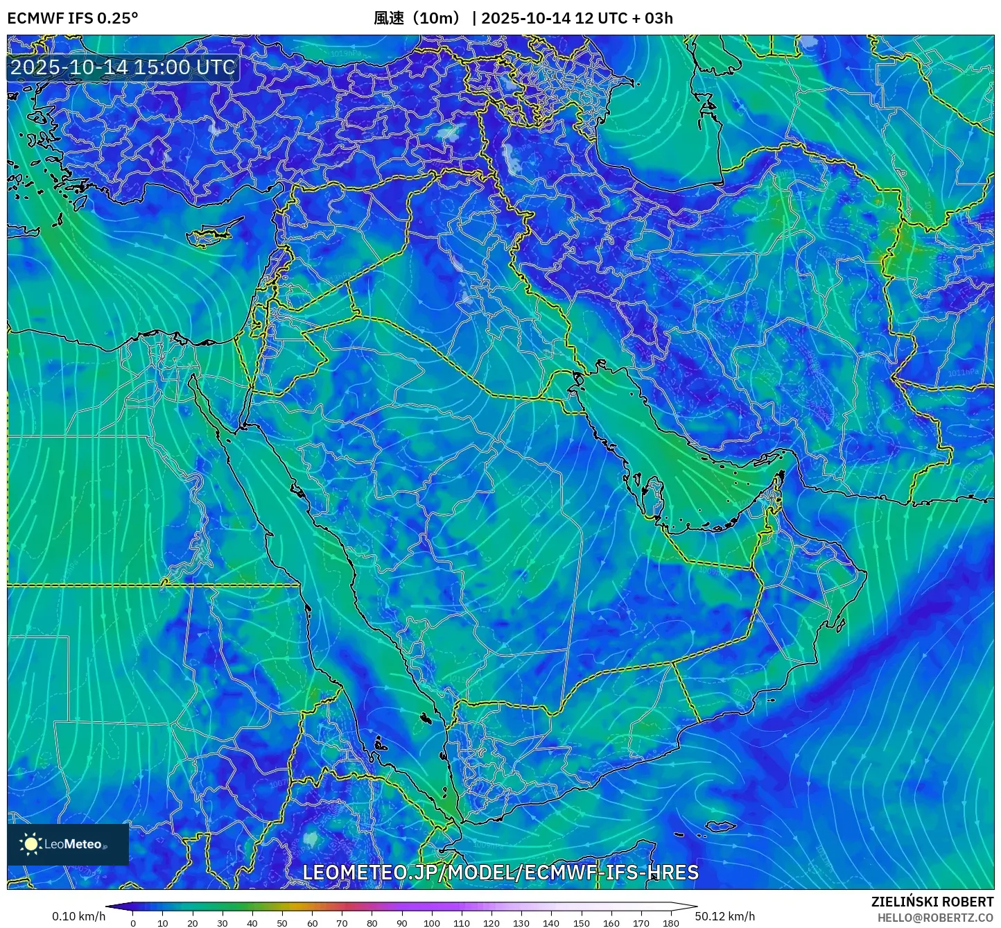 ECMWF IFS 0.25° model - 中東, 風速(10m) ECMWF IFS 0.25° model - 中東, 風速(10m)