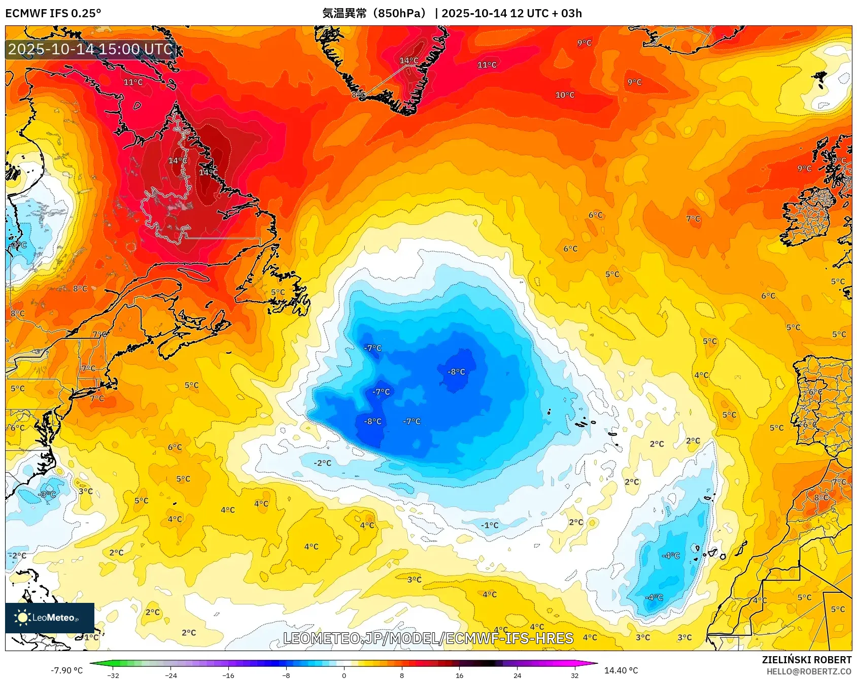 ECMWF IFS 0.25° model - 北大西洋, 気温異常(850hPa) ECMWF IFS 0.25° model - 北大西洋, 気温異常(850hPa)