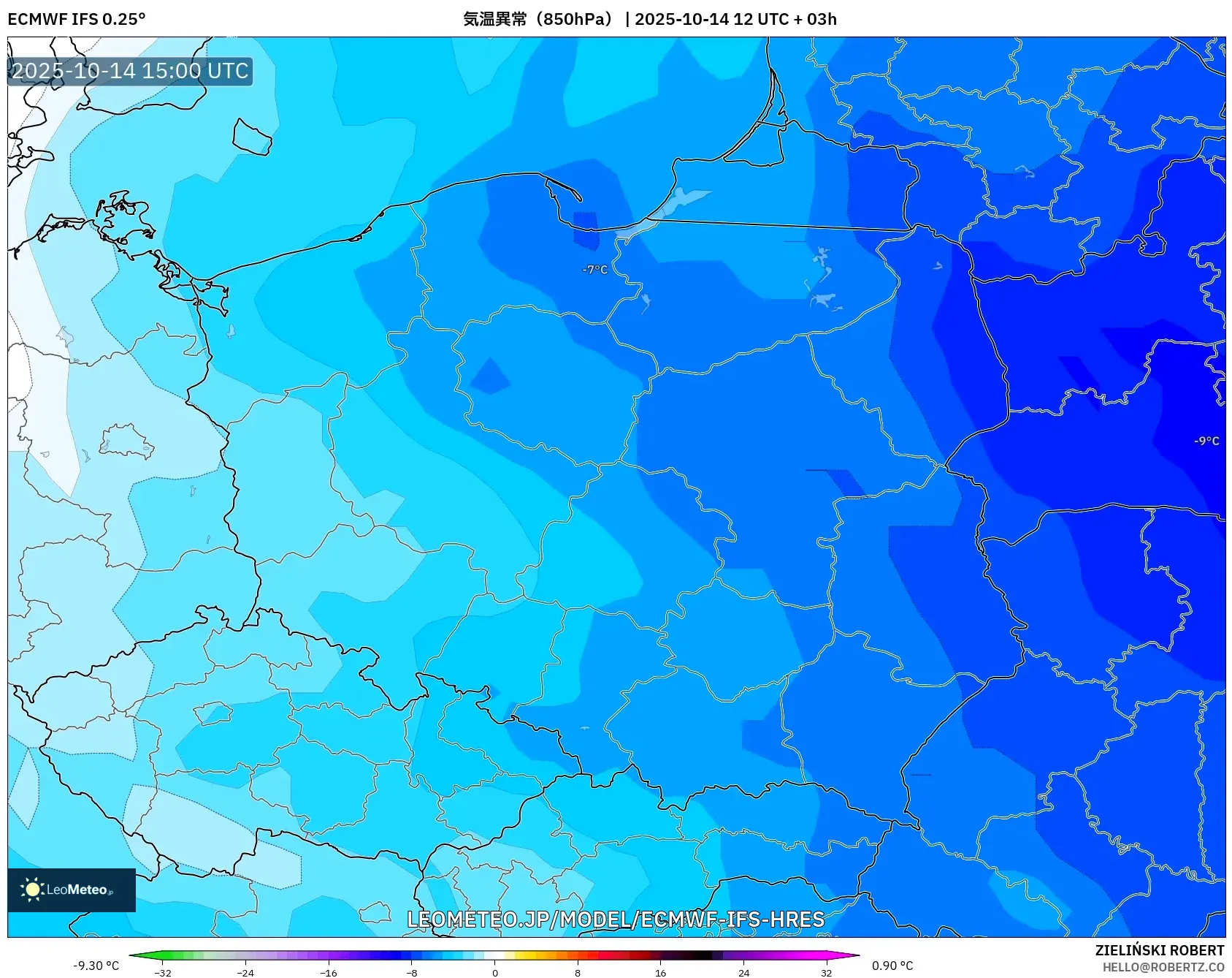 ECMWF IFS 0.25° model - ポーランド, 気温異常(850hPa) ECMWF IFS 0.25° model - ポーランド, 気温異常(850hPa)