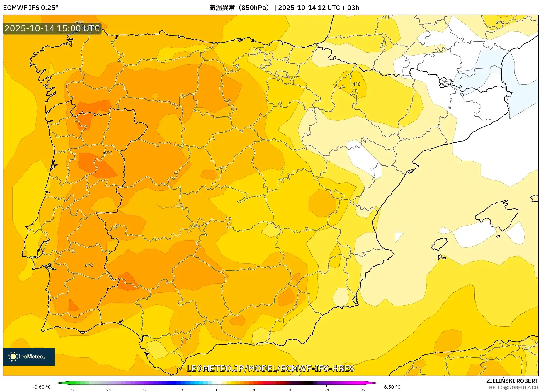 ECMWF IFS 0.25° model - スペイン, 気温異常(850hPa) ECMWF IFS 0.25° model - スペイン, 気温異常(850hPa)