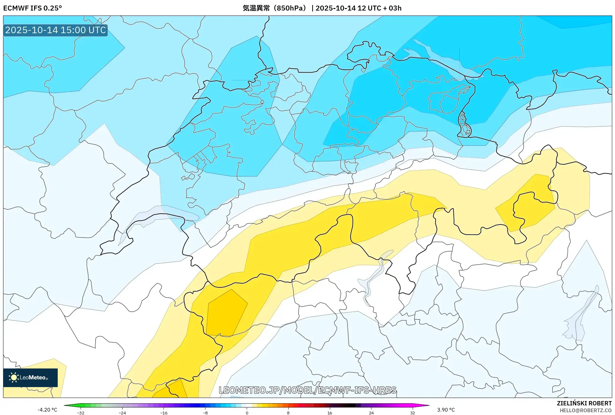 ECMWF IFS 0.25° model - スイス, 気温異常(850hPa) ECMWF IFS 0.25° model - スイス, 気温異常(850hPa)