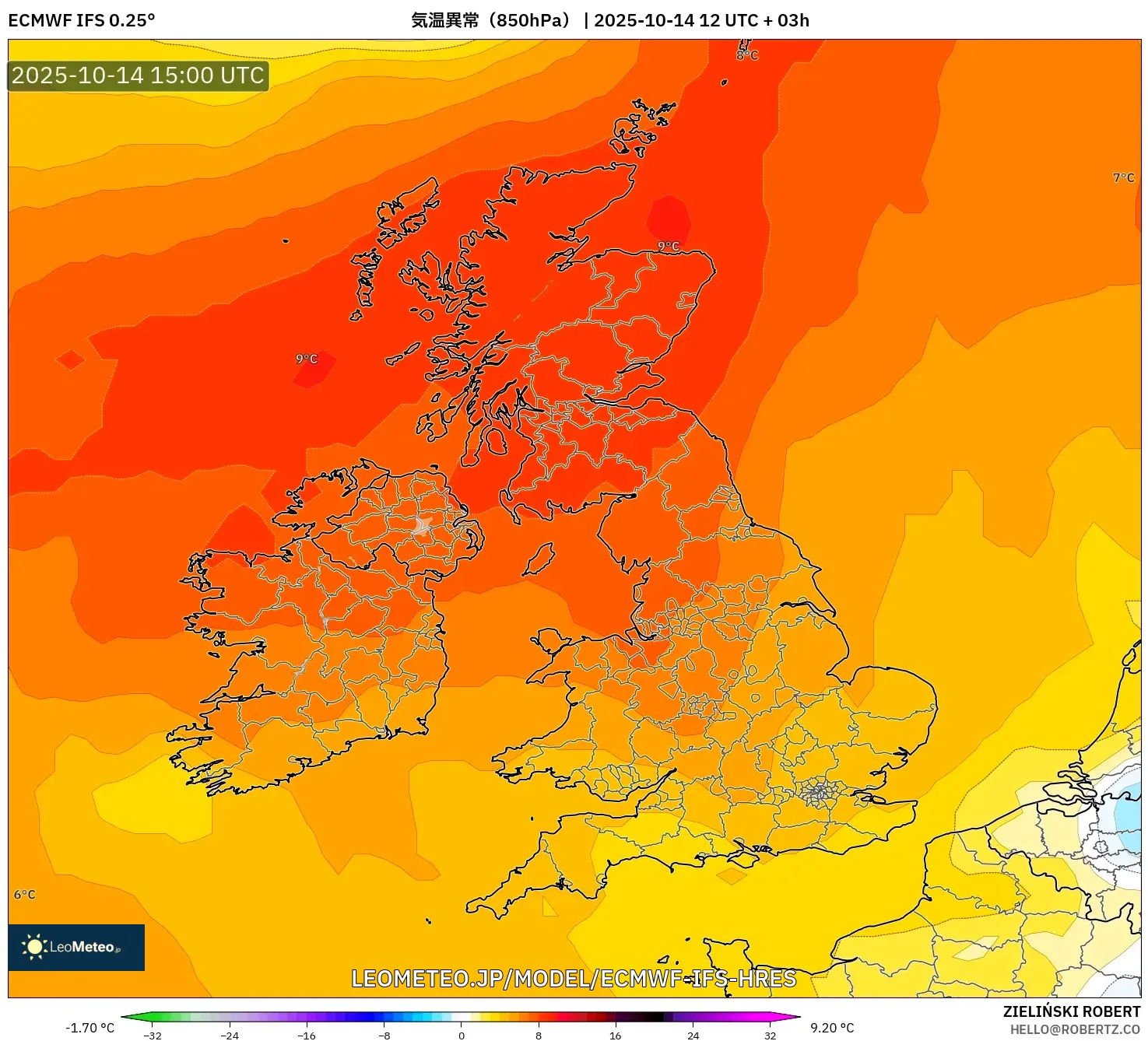 ECMWF IFS 0.25° model - イギリス, 気温異常(850hPa) ECMWF IFS 0.25° model - イギリス, 気温異常(850hPa)