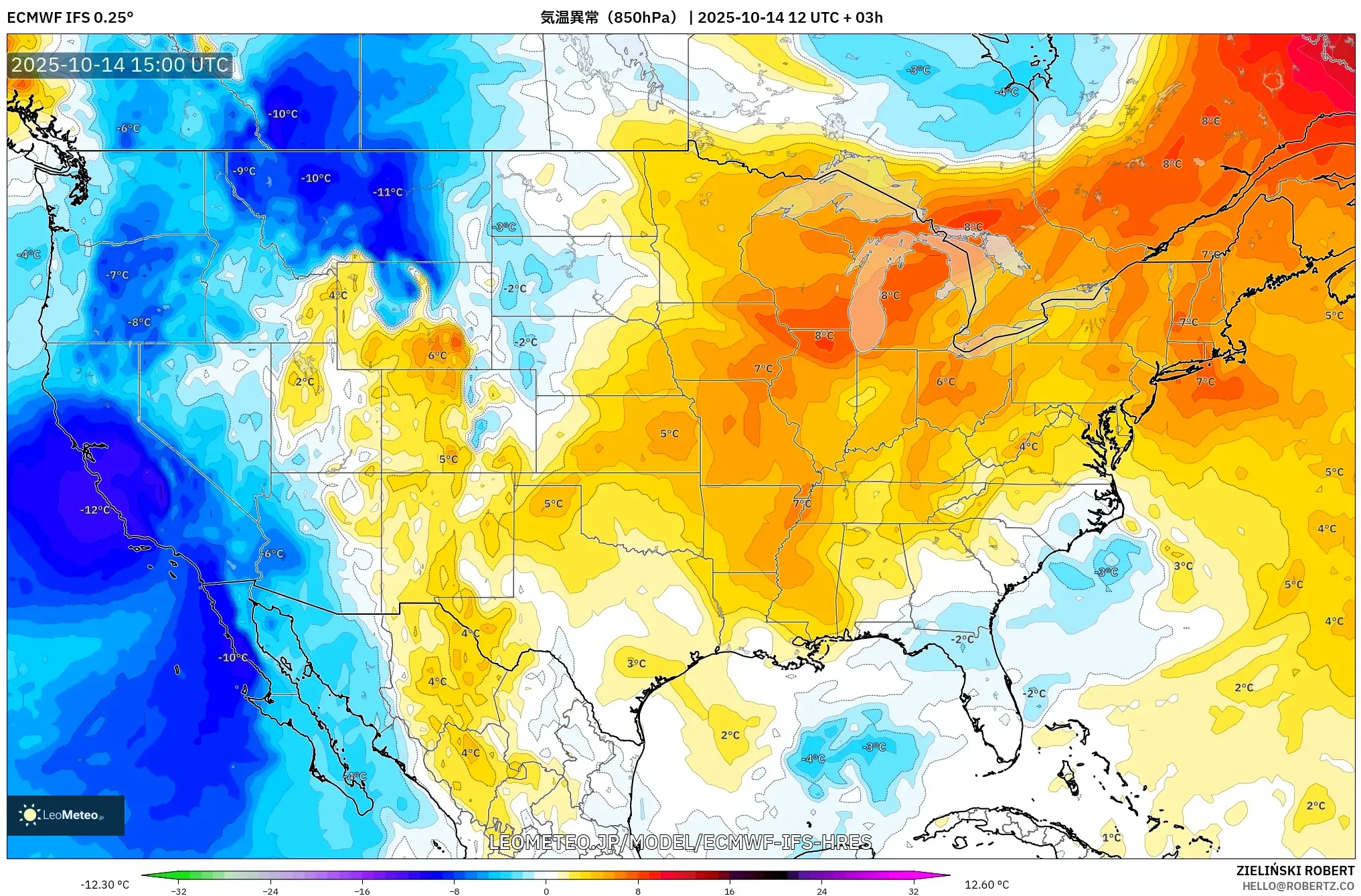 ECMWF IFS 0.25° model - アメリカ合衆国, 気温異常(850hPa) ECMWF IFS 0.25° model - アメリカ合衆国, 気温異常(850hPa)