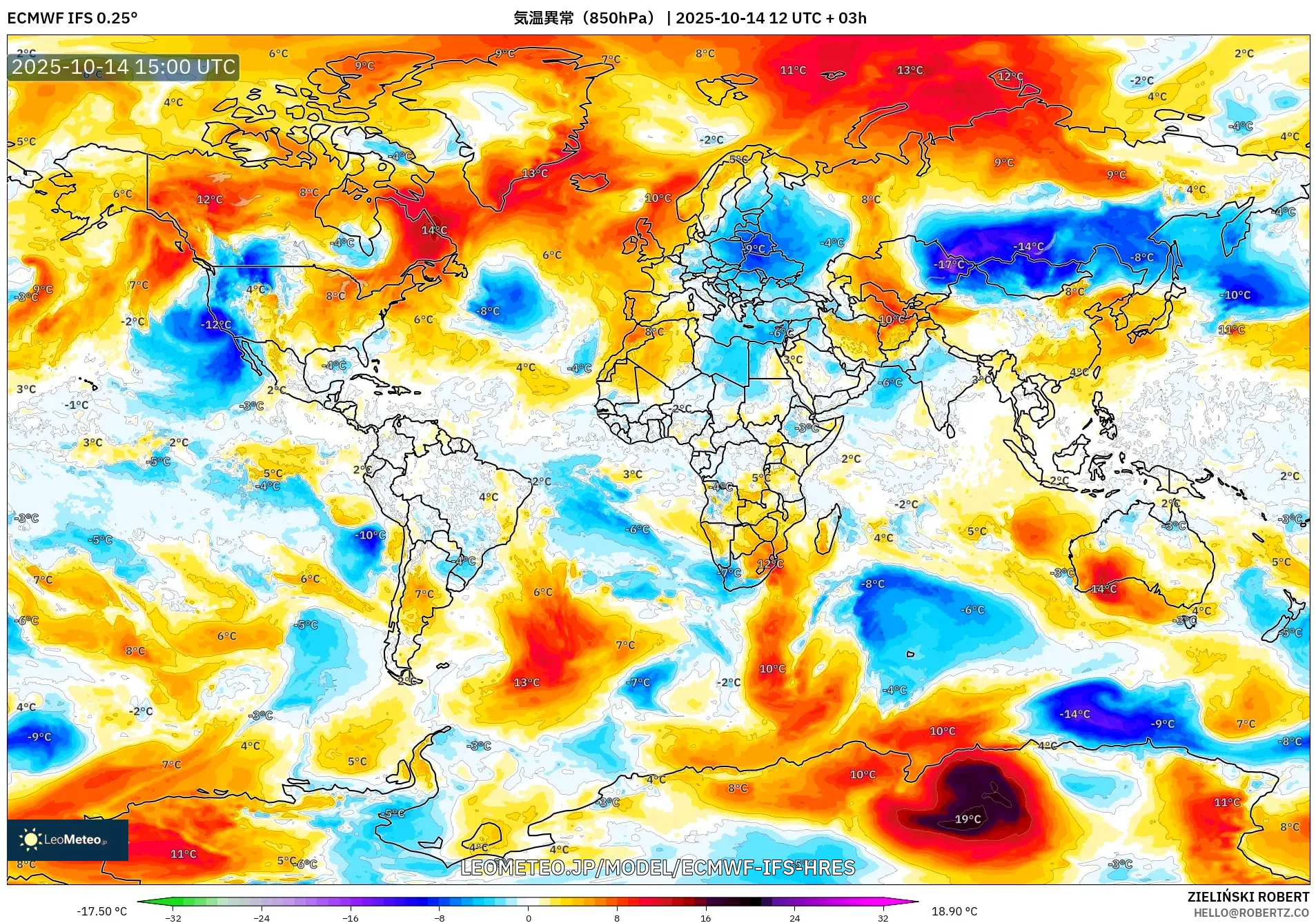 ECMWF IFS 0.25° model - 世界, 気温異常(850hPa) ECMWF IFS 0.25° model - 世界, 気温異常(850hPa)