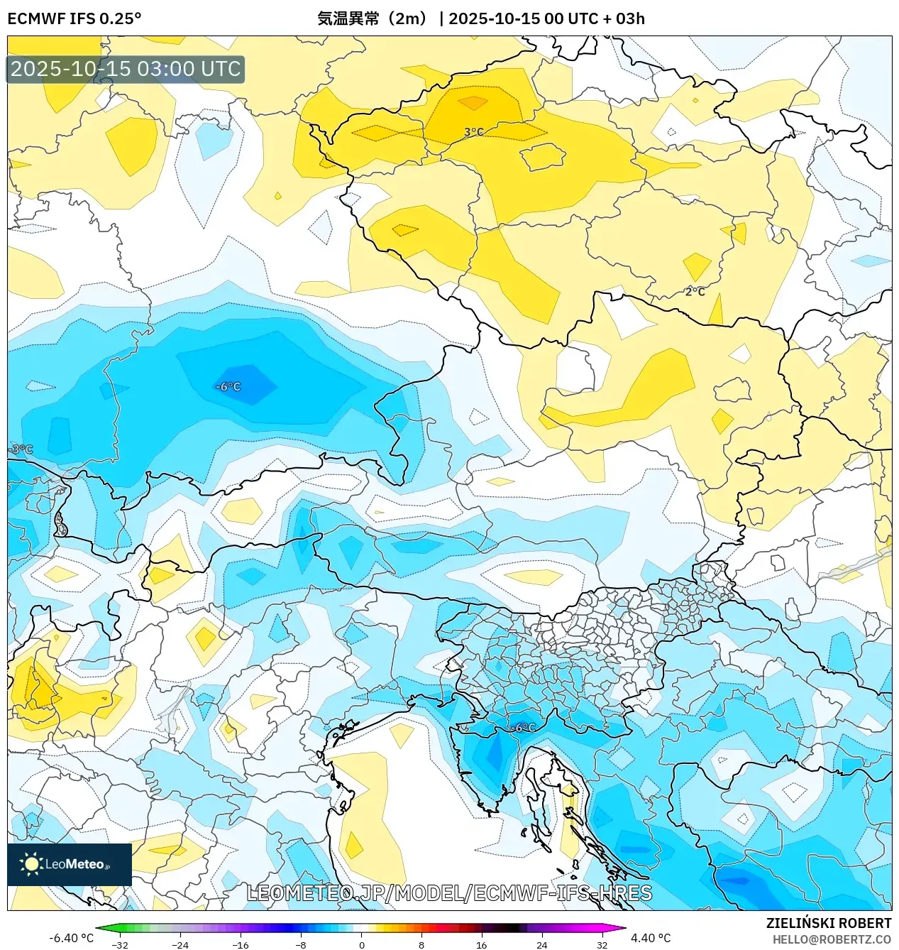 ECMWF IFS 0.25° model - オーストリア, 気温異常(2m) ECMWF IFS 0.25° model - オーストリア, 気温異常(2m)