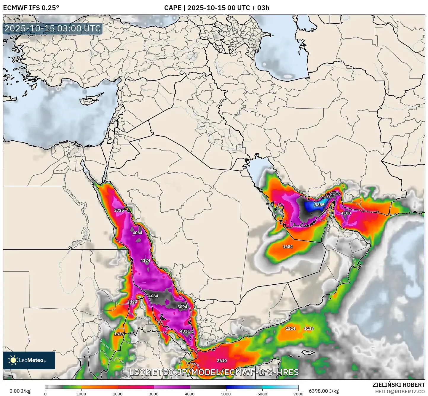 ECMWF IFS 0.25° model - 中東, CAPE ECMWF IFS 0.25° model - 中東, CAPE