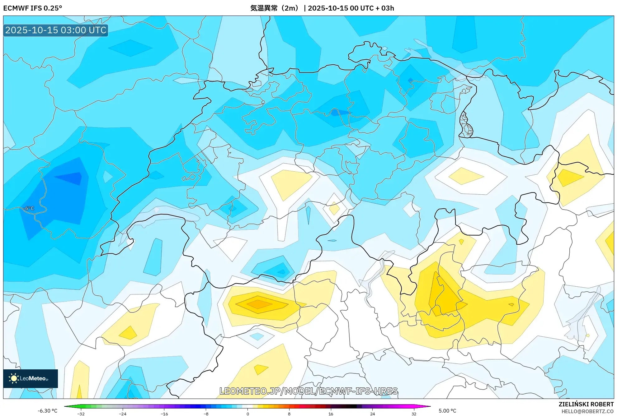ECMWF IFS 0.25° model - スイス, 気温異常(2m) ECMWF IFS 0.25° model - スイス, 気温異常(2m)