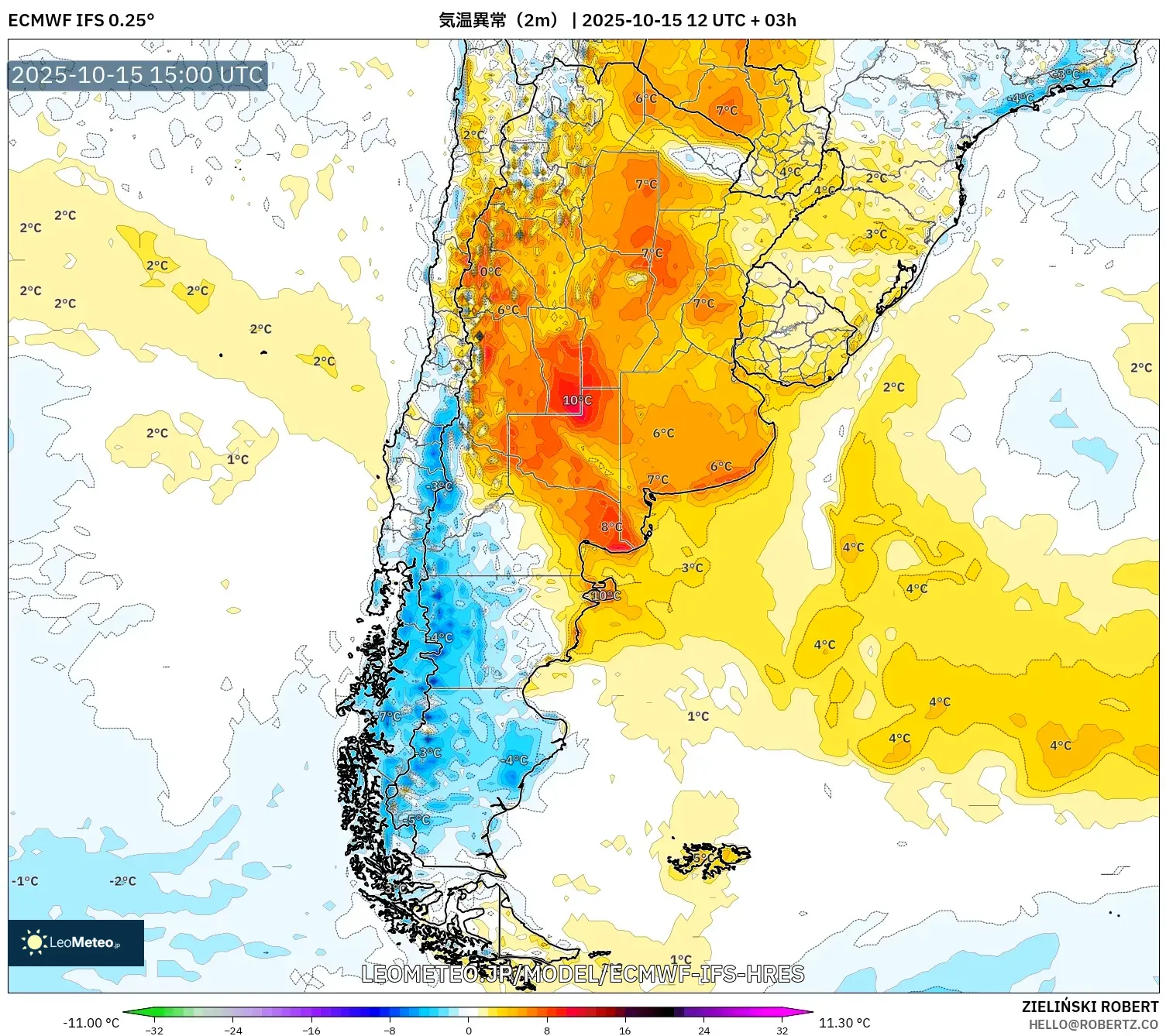 ECMWF IFS 0.25° model - アルゼンチン, 気温異常(2m) ECMWF IFS 0.25° model - アルゼンチン, 気温異常(2m)