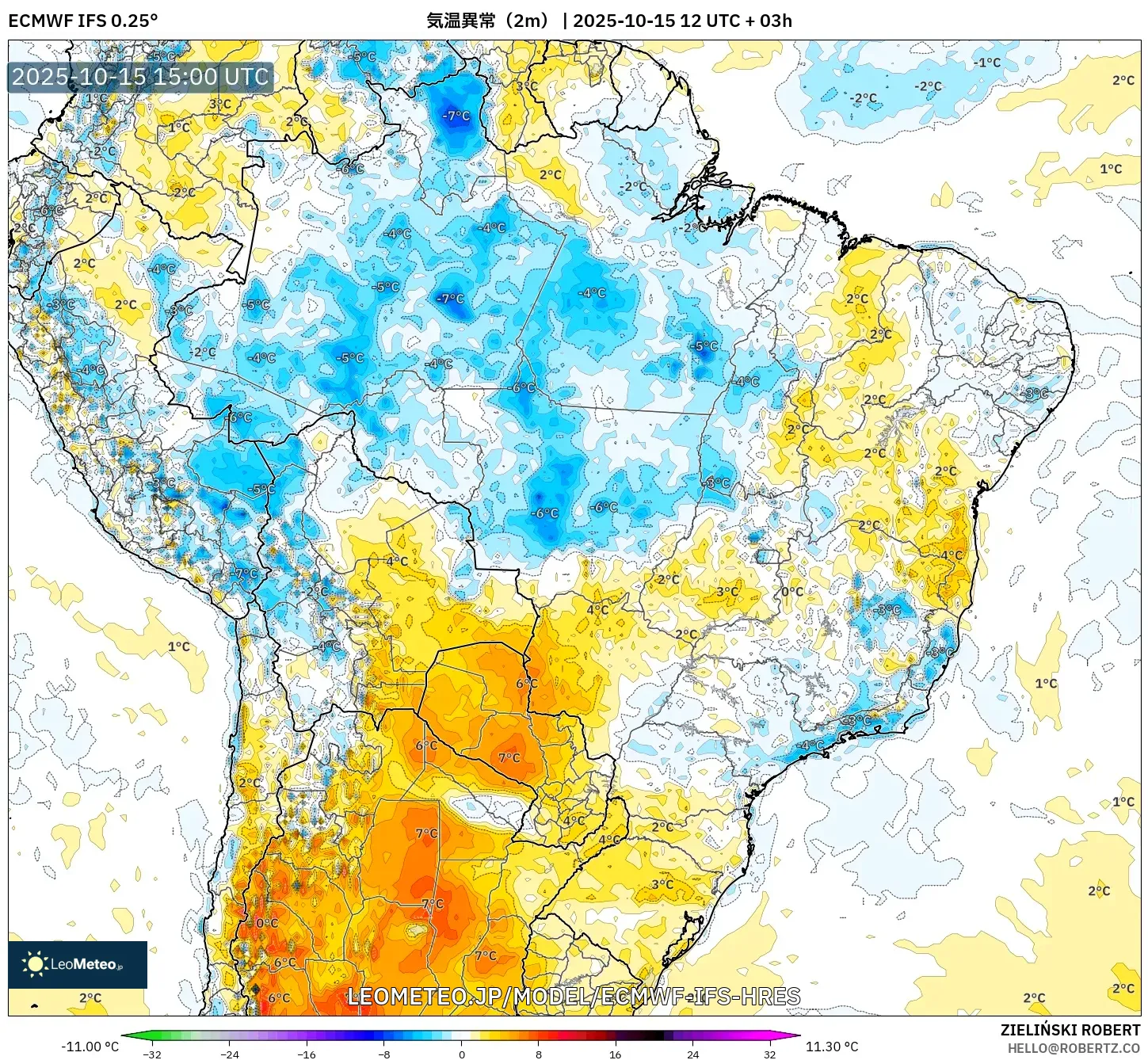 ECMWF IFS 0.25° model - ブラジル, 気温異常(2m) ECMWF IFS 0.25° model - ブラジル, 気温異常(2m)