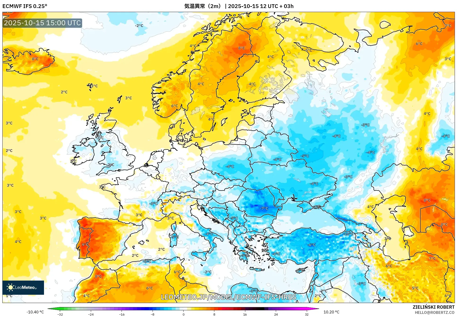 ECMWF IFS 0.25° model - ヨーロッパ, 気温異常(2m) ECMWF IFS 0.25° model - ヨーロッパ, 気温異常(2m)