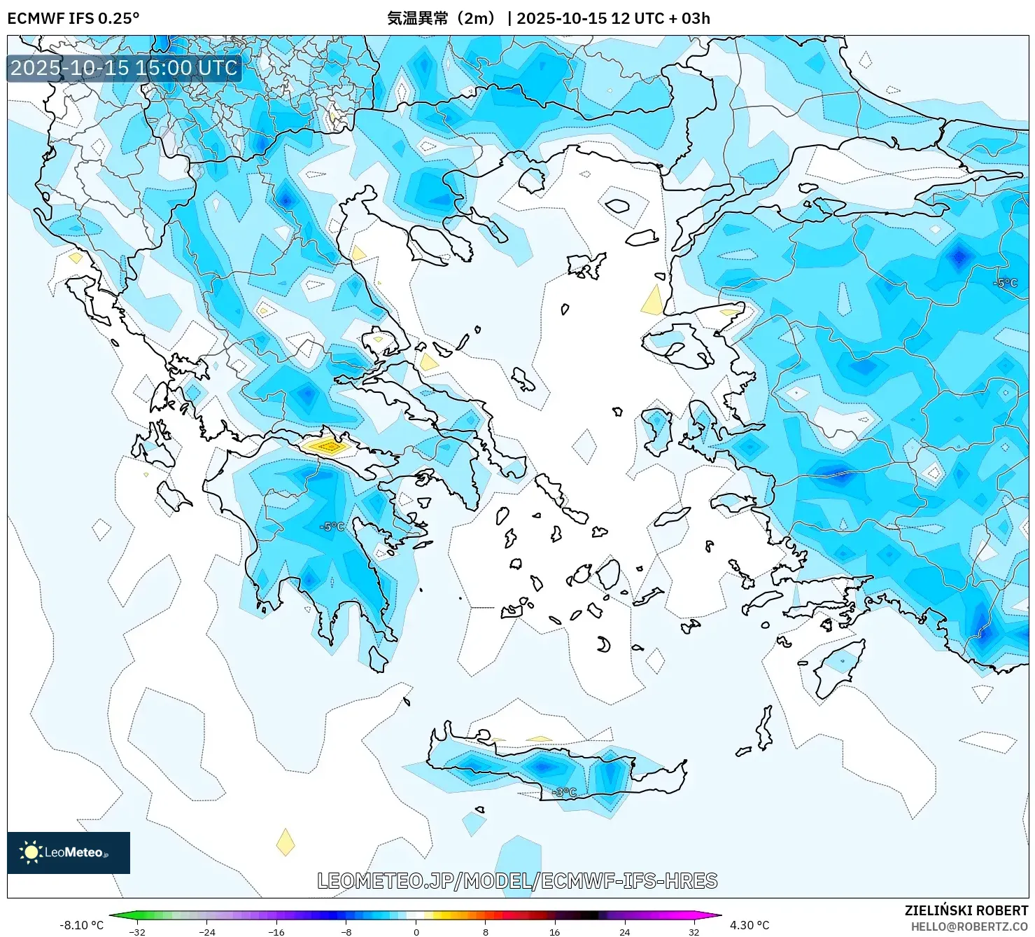 ECMWF IFS 0.25° model - ギリシャ, 気温異常(2m) ECMWF IFS 0.25° model - ギリシャ, 気温異常(2m)