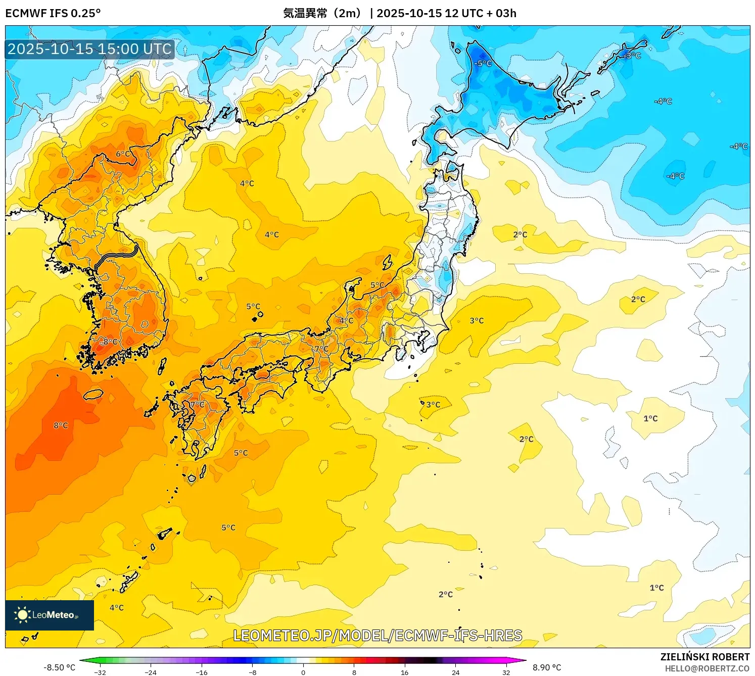 ECMWF IFS 0.25° model - 日本, 気温異常(2m) ECMWF IFS 0.25° model - 日本, 気温異常(2m)
