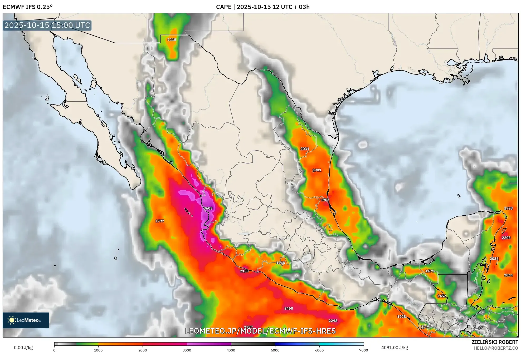 ECMWF IFS 0.25° model - メキシコ, CAPE ECMWF IFS 0.25° model - メキシコ, CAPE