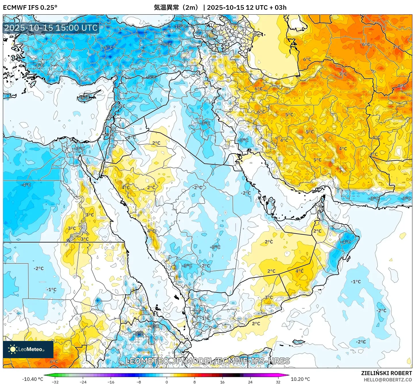 ECMWF IFS 0.25° model - 中東, 気温異常(2m) ECMWF IFS 0.25° model - 中東, 気温異常(2m)
