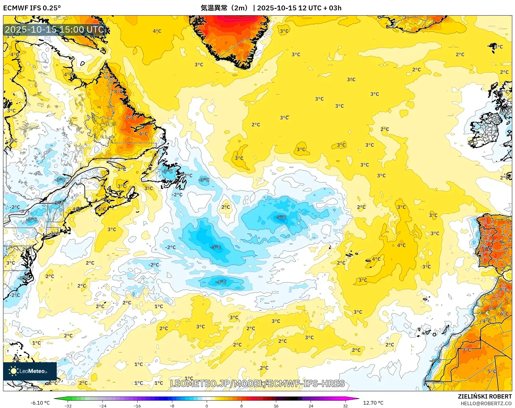 ECMWF IFS 0.25° model - 北大西洋, 気温異常(2m) ECMWF IFS 0.25° model - 北大西洋, 気温異常(2m)