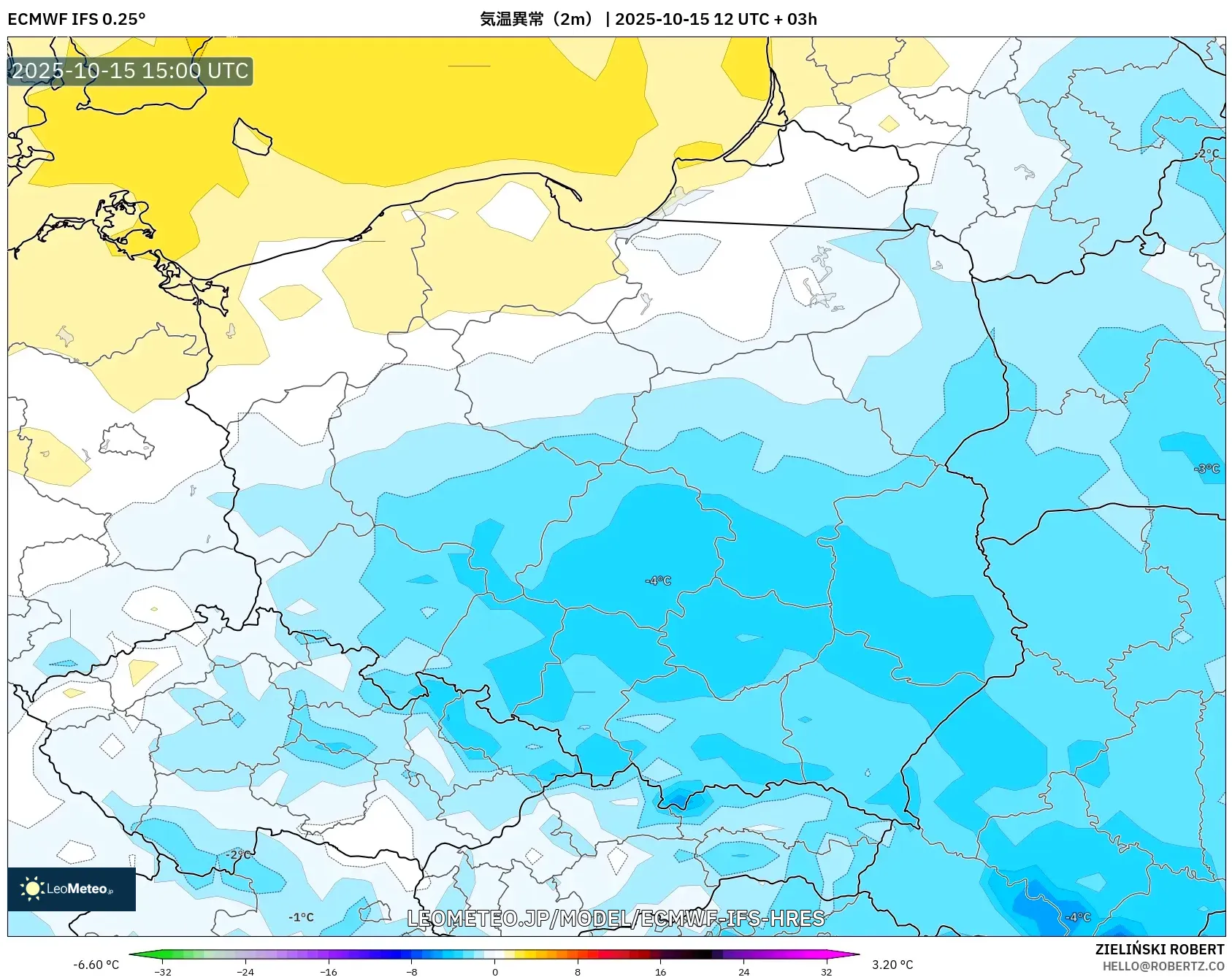ECMWF IFS 0.25° model - ポーランド, 気温異常(2m) ECMWF IFS 0.25° model - ポーランド, 気温異常(2m)