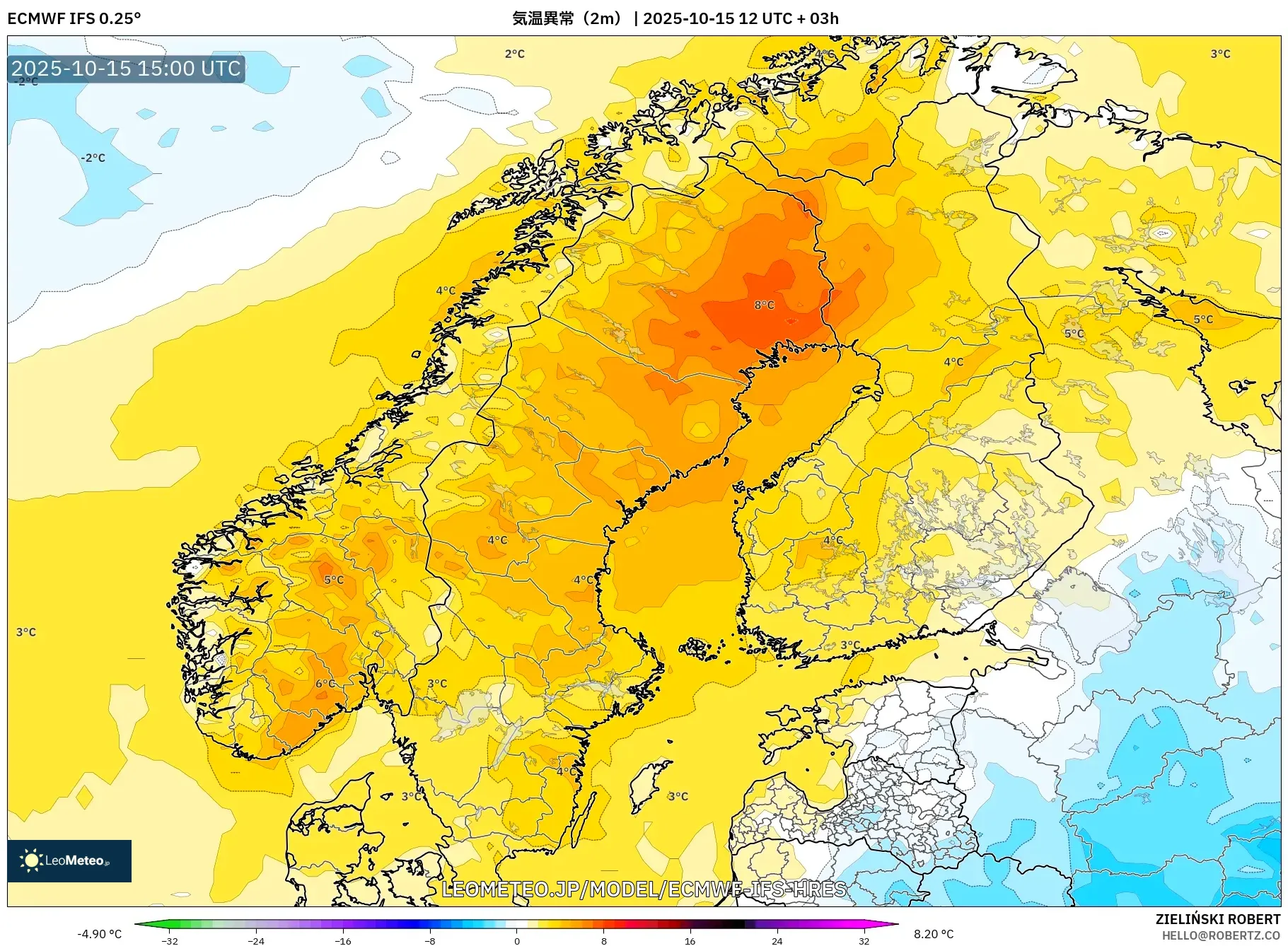 ECMWF IFS 0.25° model - スカンジナビア, 気温異常(2m) ECMWF IFS 0.25° model - スカンジナビア, 気温異常(2m)