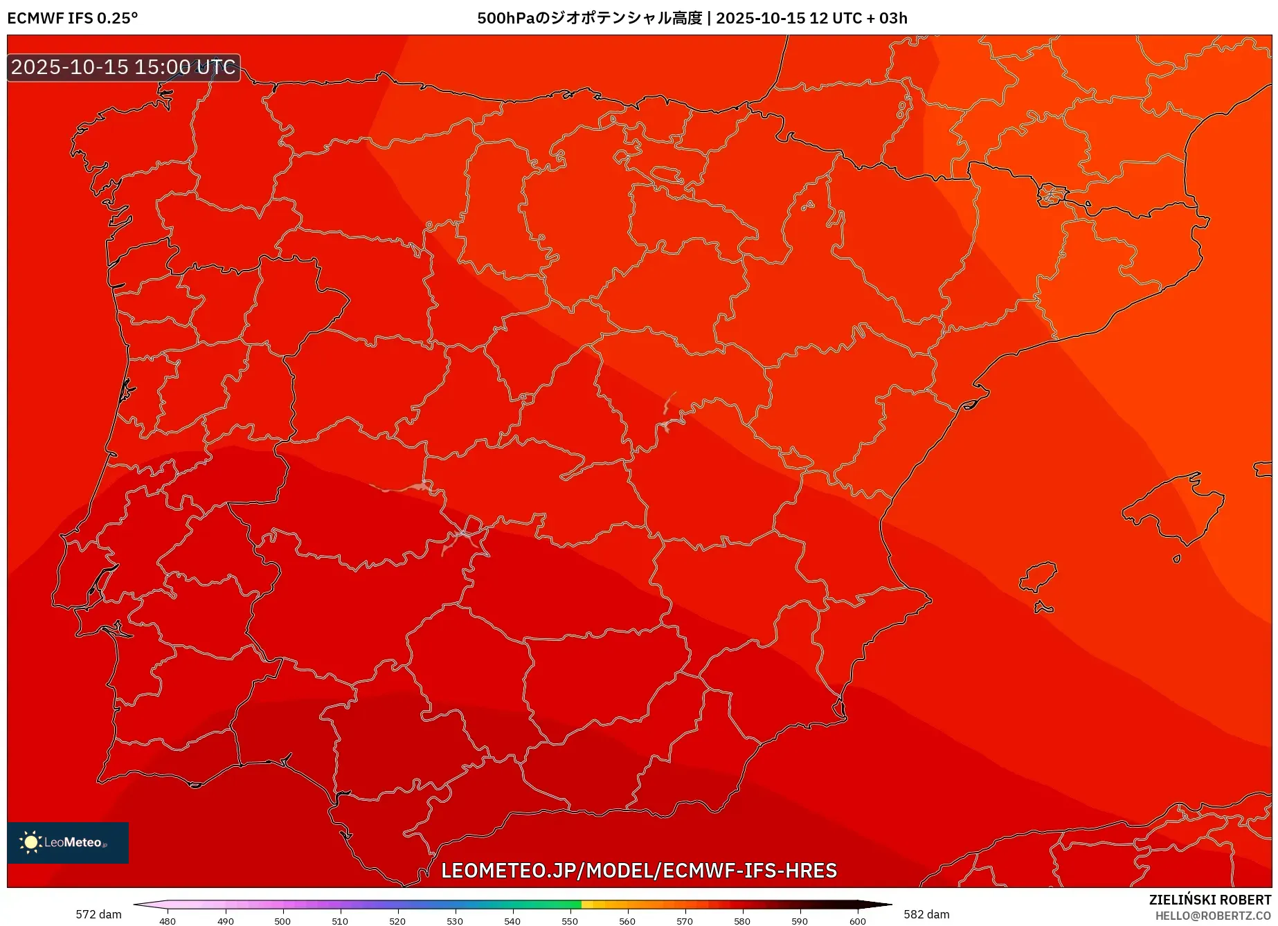 ECMWF IFS 0.25° model - スペイン, 500hPaのジオポテンシャル高度 ECMWF IFS 0.25° model - スペイン, 500hPaのジオポテンシャル高度
