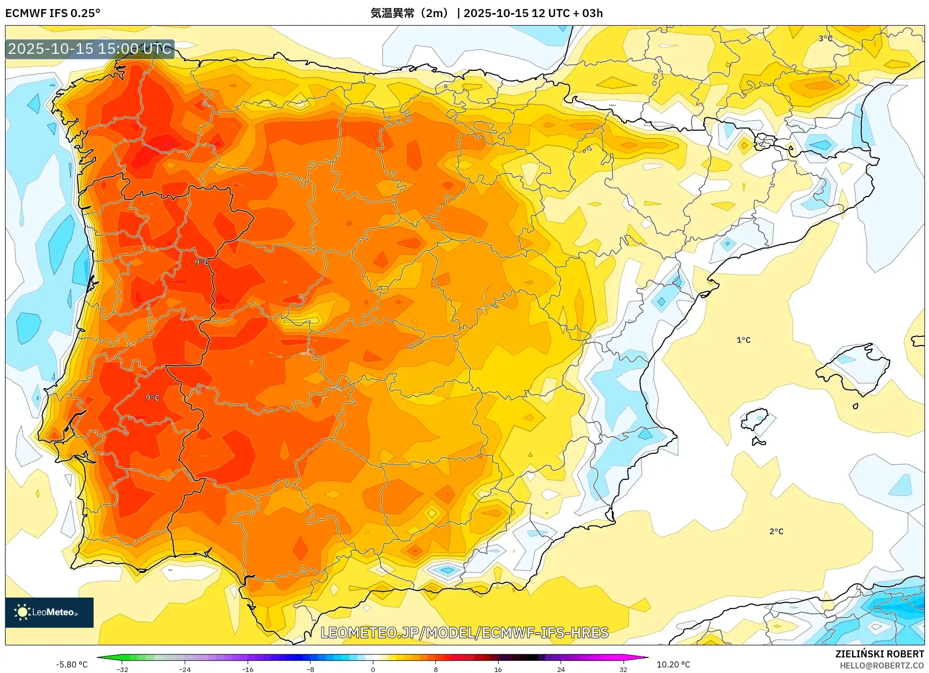 ECMWF IFS 0.25° model - スペイン, 気温異常(2m) ECMWF IFS 0.25° model - スペイン, 気温異常(2m)