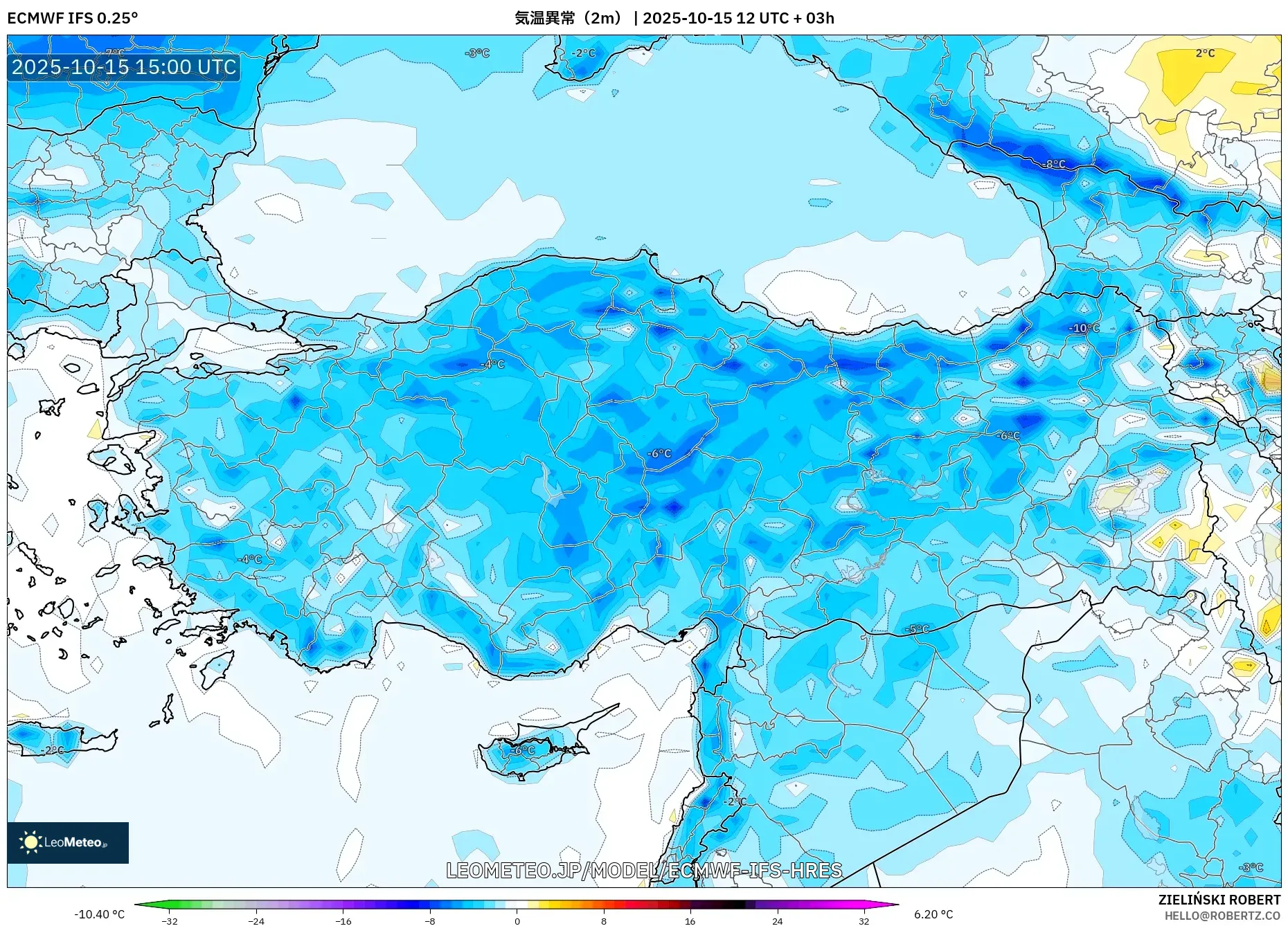 ECMWF IFS 0.25° model - トルコ, 気温異常(2m) ECMWF IFS 0.25° model - トルコ, 気温異常(2m)