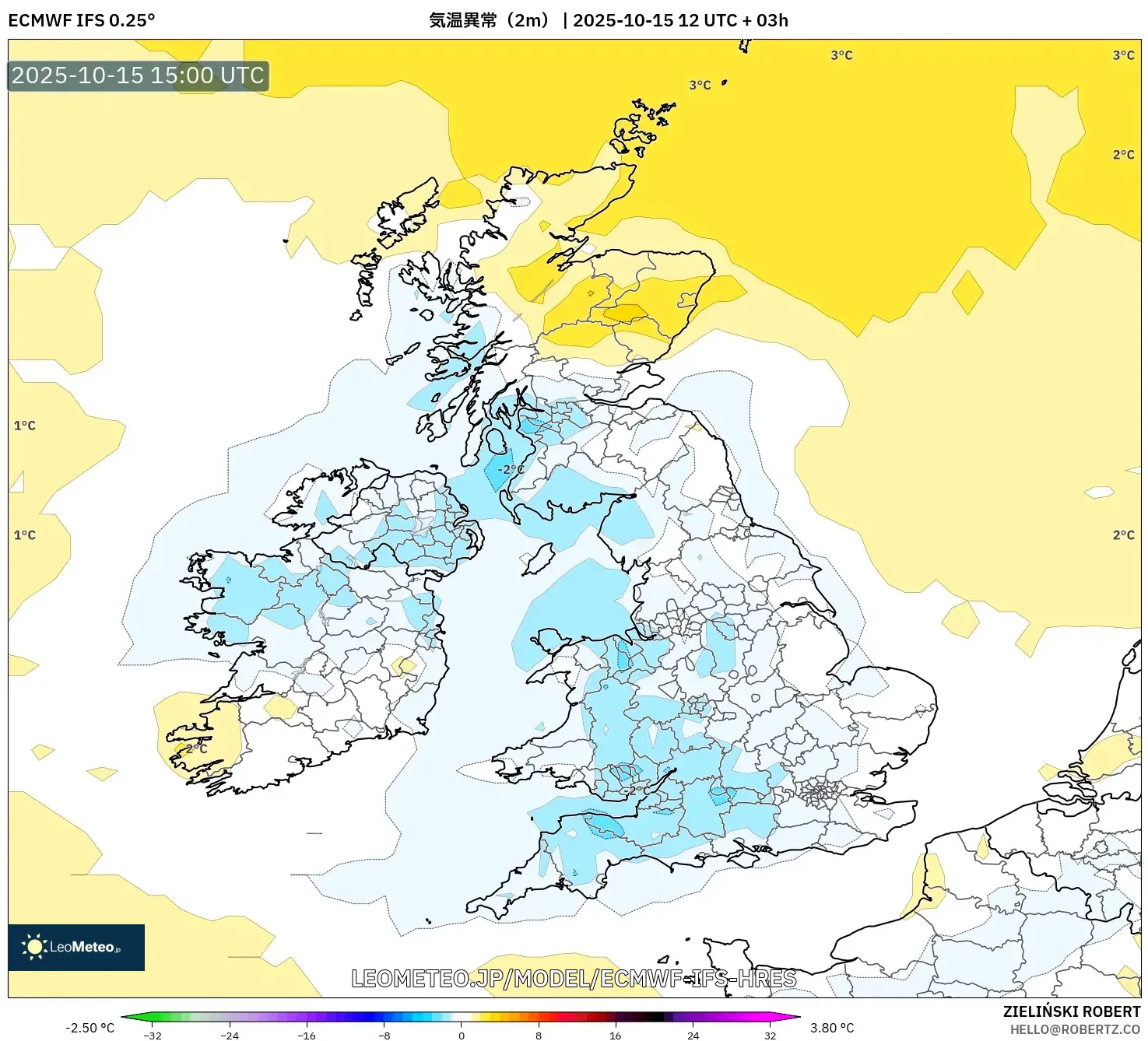 ECMWF IFS 0.25° model - イギリス, 気温異常(2m) ECMWF IFS 0.25° model - イギリス, 気温異常(2m)