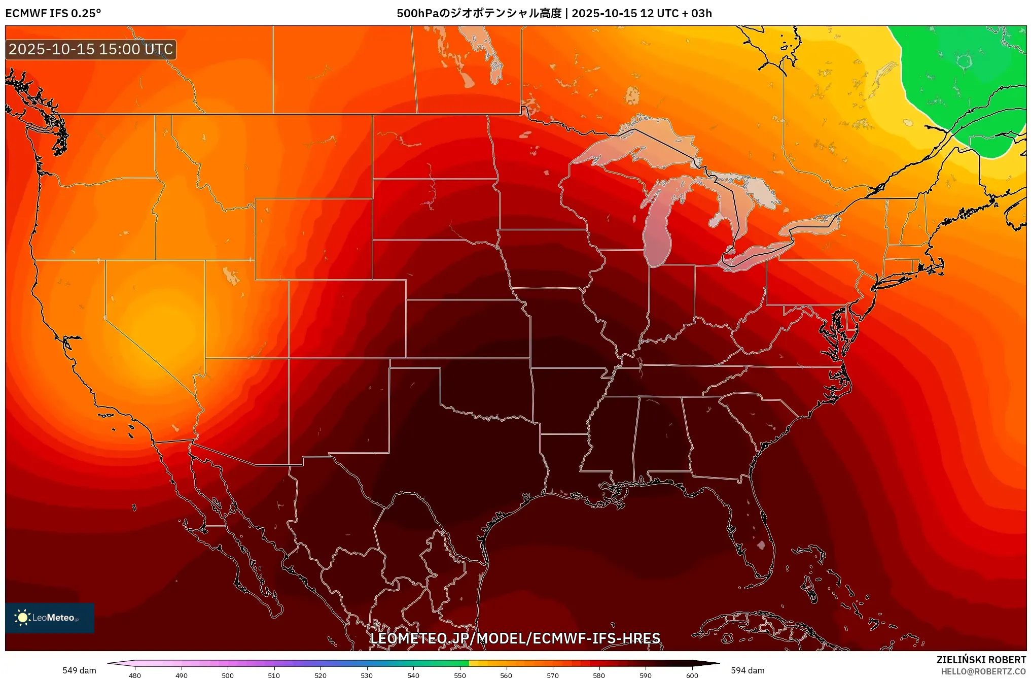 ECMWF IFS 0.25° model - アメリカ合衆国, 500hPaのジオポテンシャル高度 ECMWF IFS 0.25° model - アメリカ合衆国, 500hPaのジオポテンシャル高度