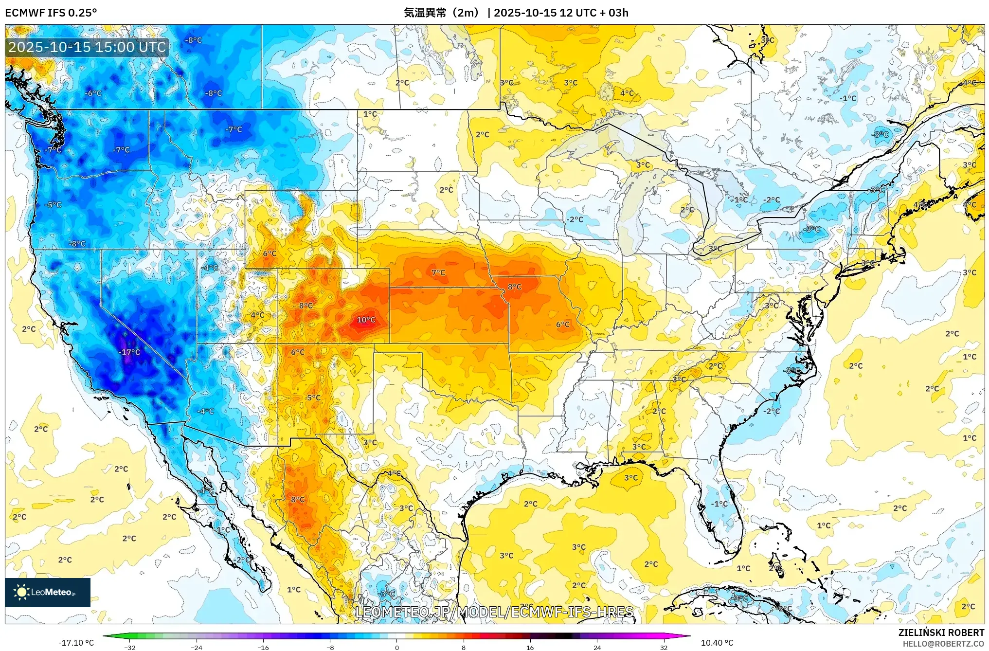 ECMWF IFS 0.25° model - アメリカ合衆国, 気温異常(2m) ECMWF IFS 0.25° model - アメリカ合衆国, 気温異常(2m)