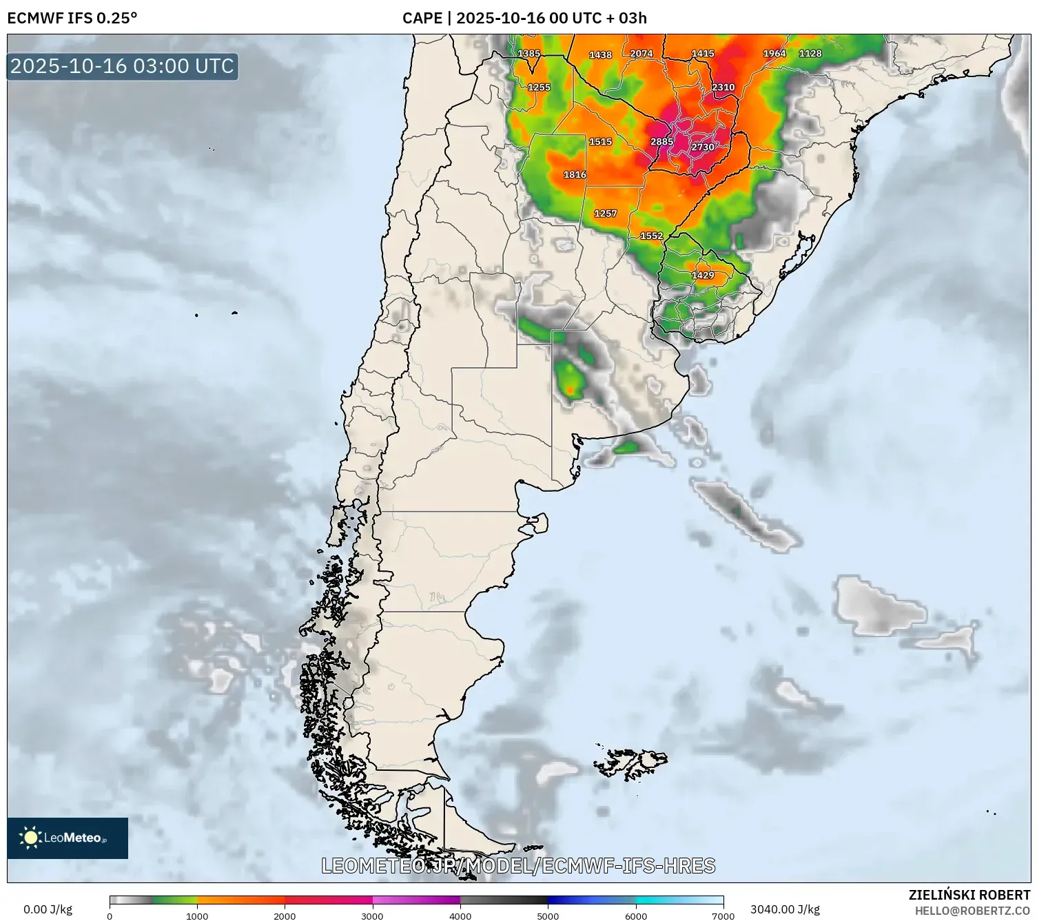 ECMWF IFS 0.25° model - アルゼンチン, CAPE ECMWF IFS 0.25° model - アルゼンチン, CAPE