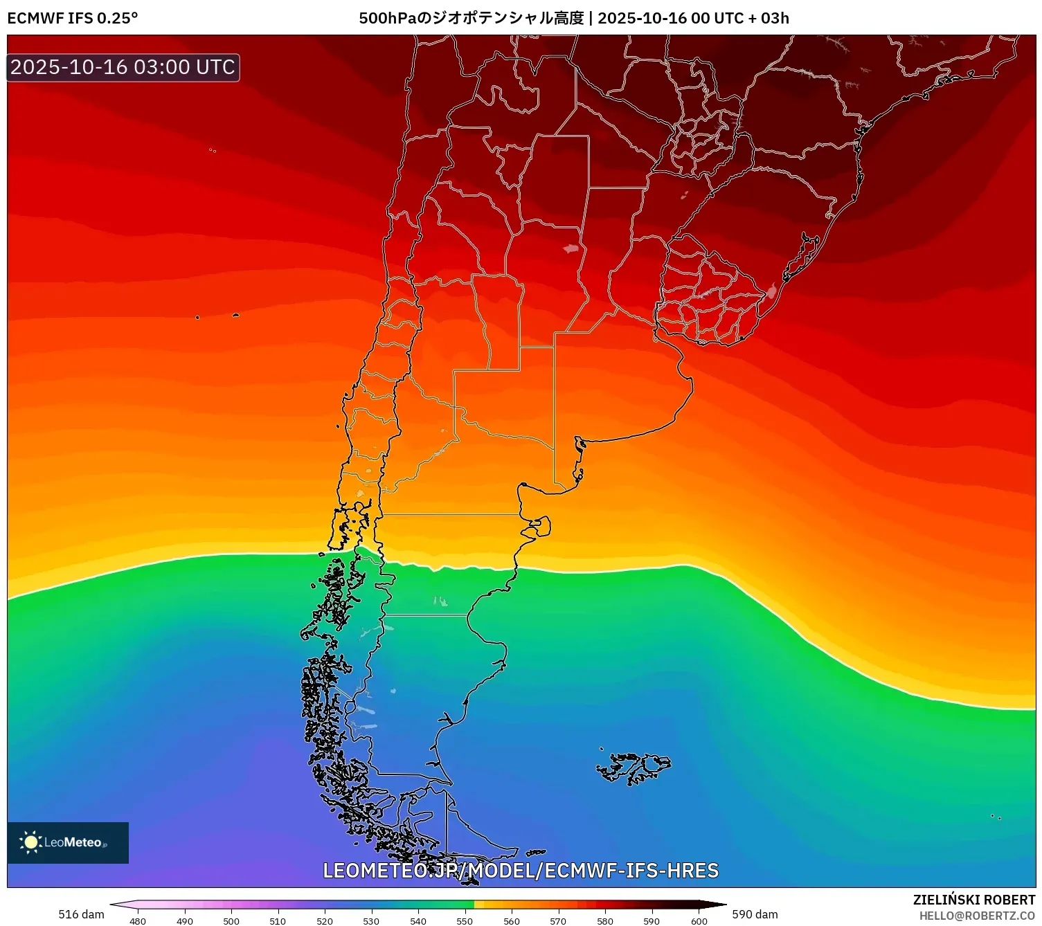 ECMWF IFS 0.25° model - アルゼンチン, 500hPaのジオポテンシャル高度 ECMWF IFS 0.25° model - アルゼンチン, 500hPaのジオポテンシャル高度