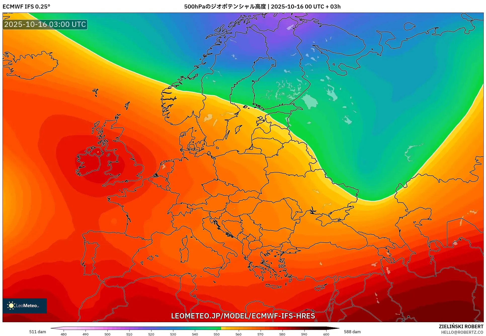 ECMWF IFS 0.25° model - ヨーロッパ, 500hPaのジオポテンシャル高度 ECMWF IFS 0.25° model - ヨーロッパ, 500hPaのジオポテンシャル高度