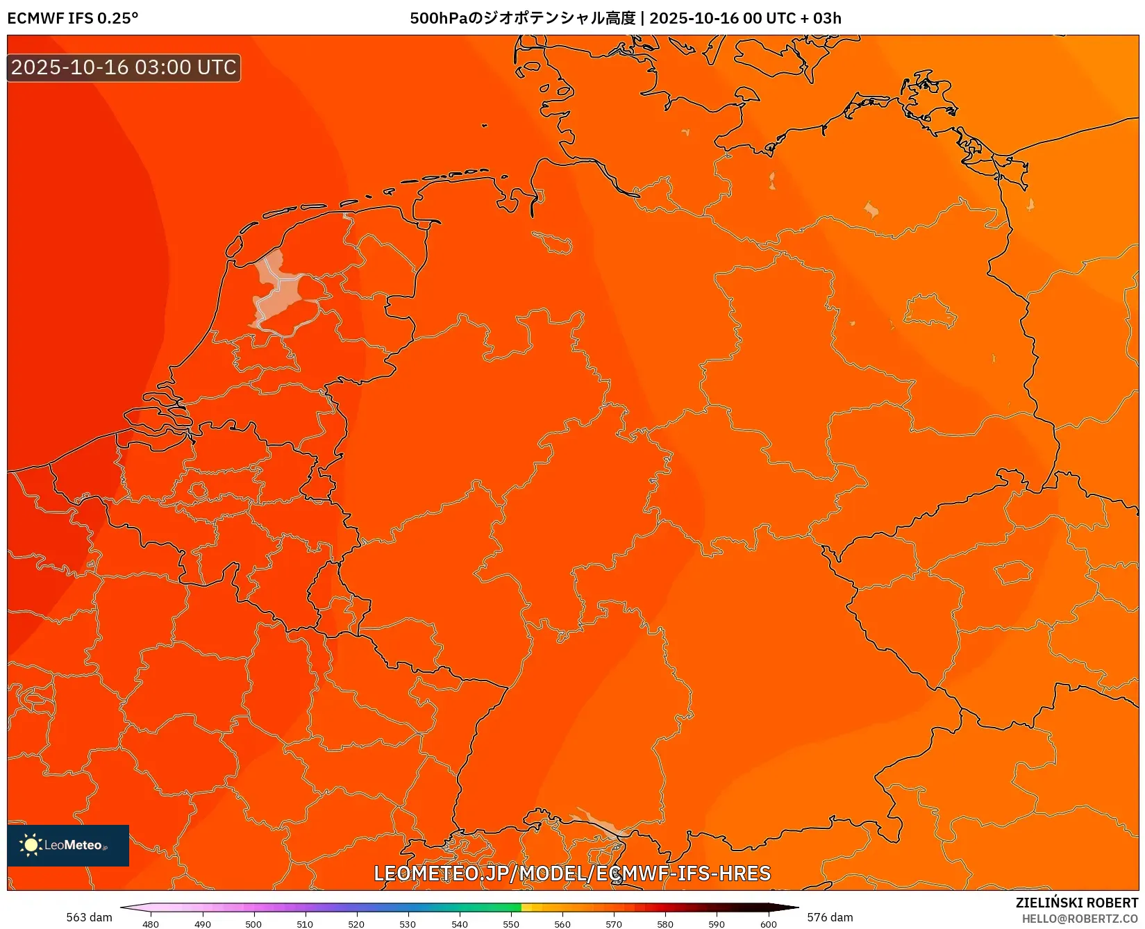 ECMWF IFS 0.25° model - ドイツ, 500hPaのジオポテンシャル高度