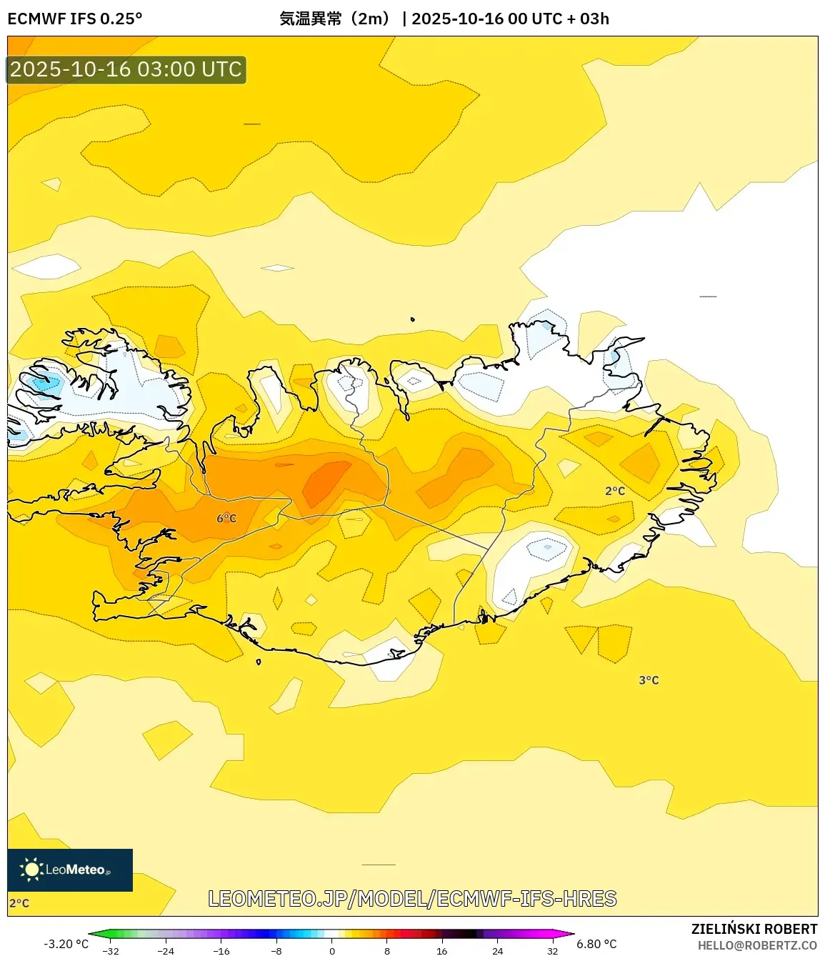 ECMWF IFS 0.25° model - アイスランド, 気温異常（2m）