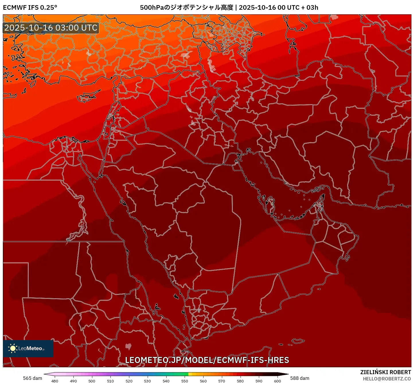 ECMWF IFS 0.25° model - 中東, 500hPaのジオポテンシャル高度 ECMWF IFS 0.25° model - 中東, 500hPaのジオポテンシャル高度