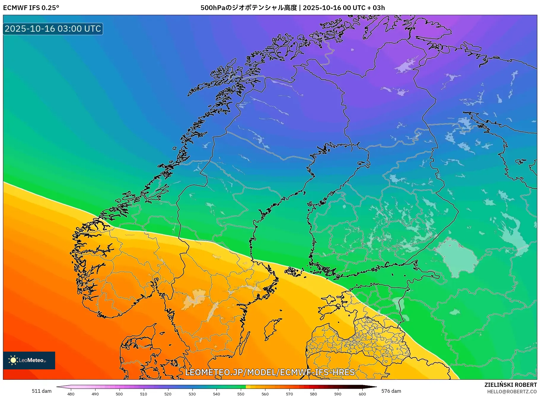 ECMWF IFS 0.25° model - スカンジナビア, 500hPaのジオポテンシャル高度 ECMWF IFS 0.25° model - スカンジナビア, 500hPaのジオポテンシャル高度