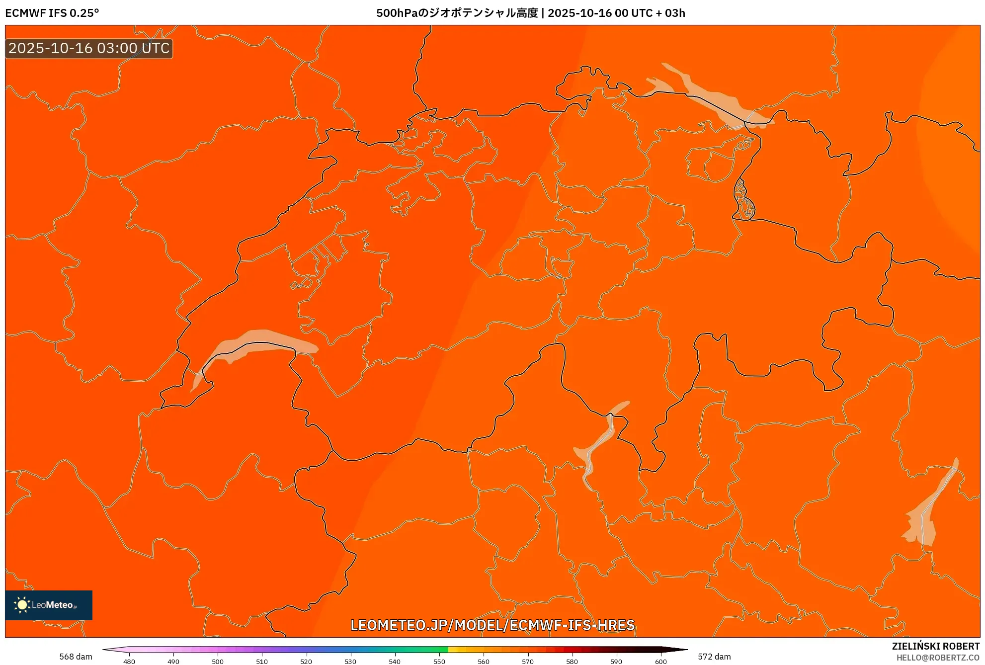 ECMWF IFS 0.25° model - スイス, 500hPaのジオポテンシャル高度 ECMWF IFS 0.25° model - スイス, 500hPaのジオポテンシャル高度