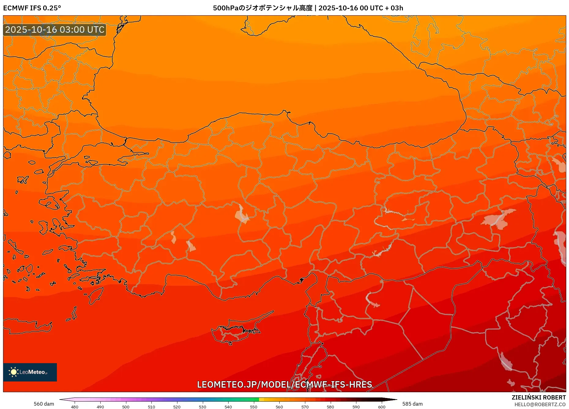 ECMWF IFS 0.25° model - トルコ, 500hPaのジオポテンシャル高度 ECMWF IFS 0.25° model - トルコ, 500hPaのジオポテンシャル高度